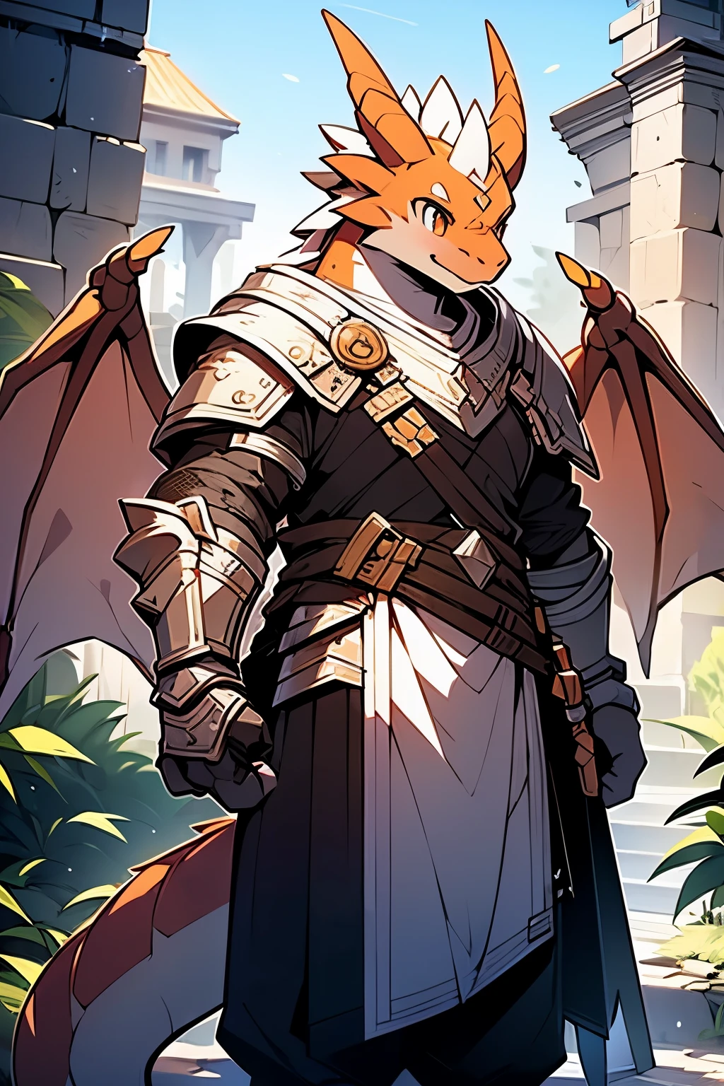 male people,Strong body type,Wearing armor,Orange peel dragon,The tail is not thick,gold eyes,There are two brown horns on the head,There is a pair of orange wings on the back,Kind and gentle,holy paladin,Hold the holy sword in your hand,standing in a temple