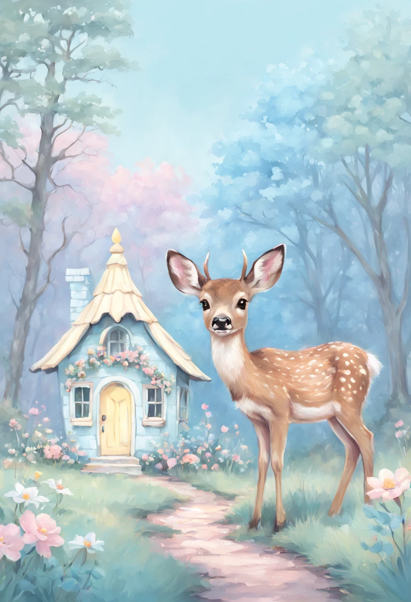 deer standing in front of fairy house, cute in the style of digital painting, soft focus nostalgia, pale pink, pale blue, pale yellow, magali villeneuve, soft pastel color palette, walt kelly, minimalist illustrator, Thomas Kinkade