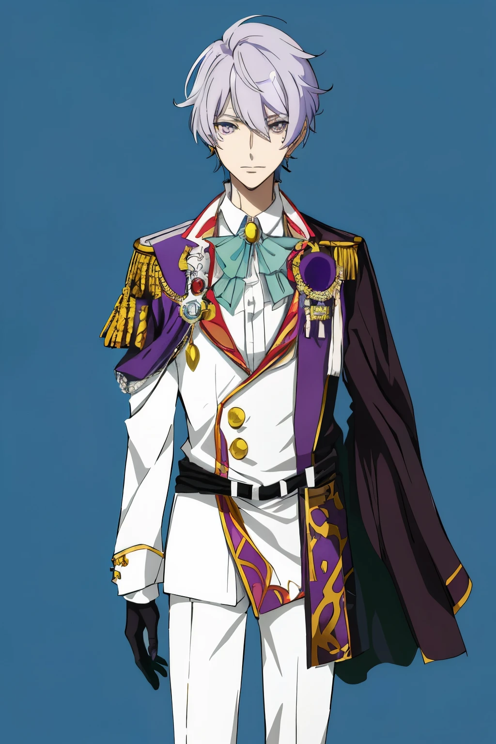 anime - style drawing of a male in a white suit and purple jacket, beautiful androgynous prince, delicate androgynous prince, ((wearing aristocrat robe)), royal attire akira, male anime character, shigenori soejima illustration, hajime yatate, nobutaka ike, official character illustration, official character art, royal elegant pose, prussia