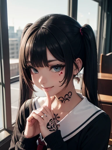 (masterpiece, best quality:1.2, perfect hands, parfect fingers, parfect face, high resolution, ultra detail, 4k,), cinematic lighting, 
1 girl, kawaii, face focus,
black hair, blunt bangs, twintails, 
naughty face, crazy smile, looking up, looking right,
piercing ears, (((tattoo hands, tattoo neck,  black tattoo, text tattoo,))), (wedding ring),
(winter long sleeve school uniform), classroom, window over twilight sky,