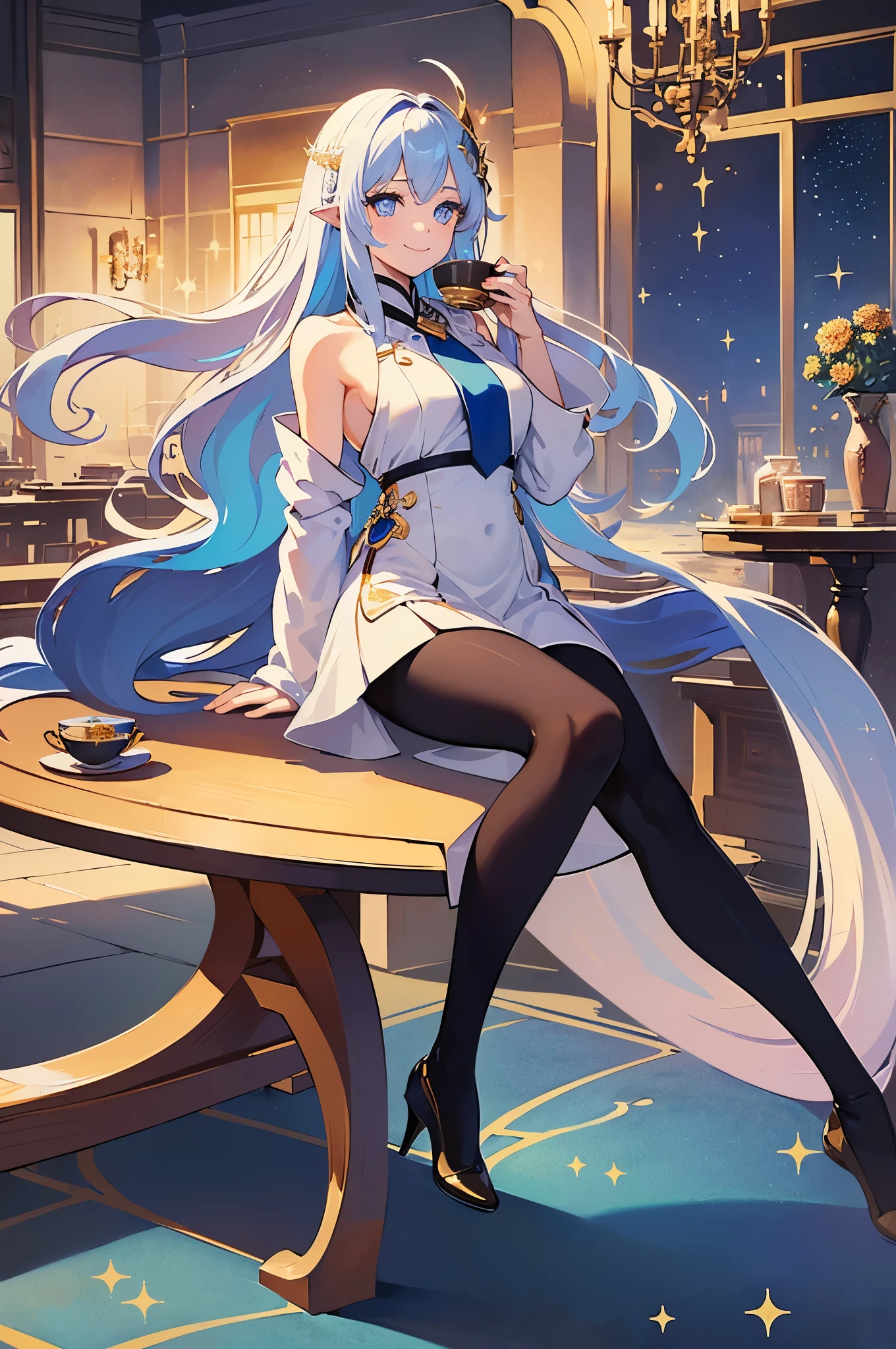 (Masterpiece), (Best Quality), (Super Detailed), (Dirty Hair), (Illustration), (1 Girl) (Long white Hair 1.5) (Blue Eyes), ((((No Shoulders))),Hanfu, (Looking at the Audience, (Interview), ( Background), Beautiful and Delicate Eyes, Delicate Beautiful Face, Soaring (High Saturation), (Colorful Glitter), Multi-colored Bubbles, (Glitter), Accent on Face, PerfectNwsjMajic, Shoulderless, fall clothes, facing the masses, perfect figure, happy, warm smile, full body, tights, tea, table, house