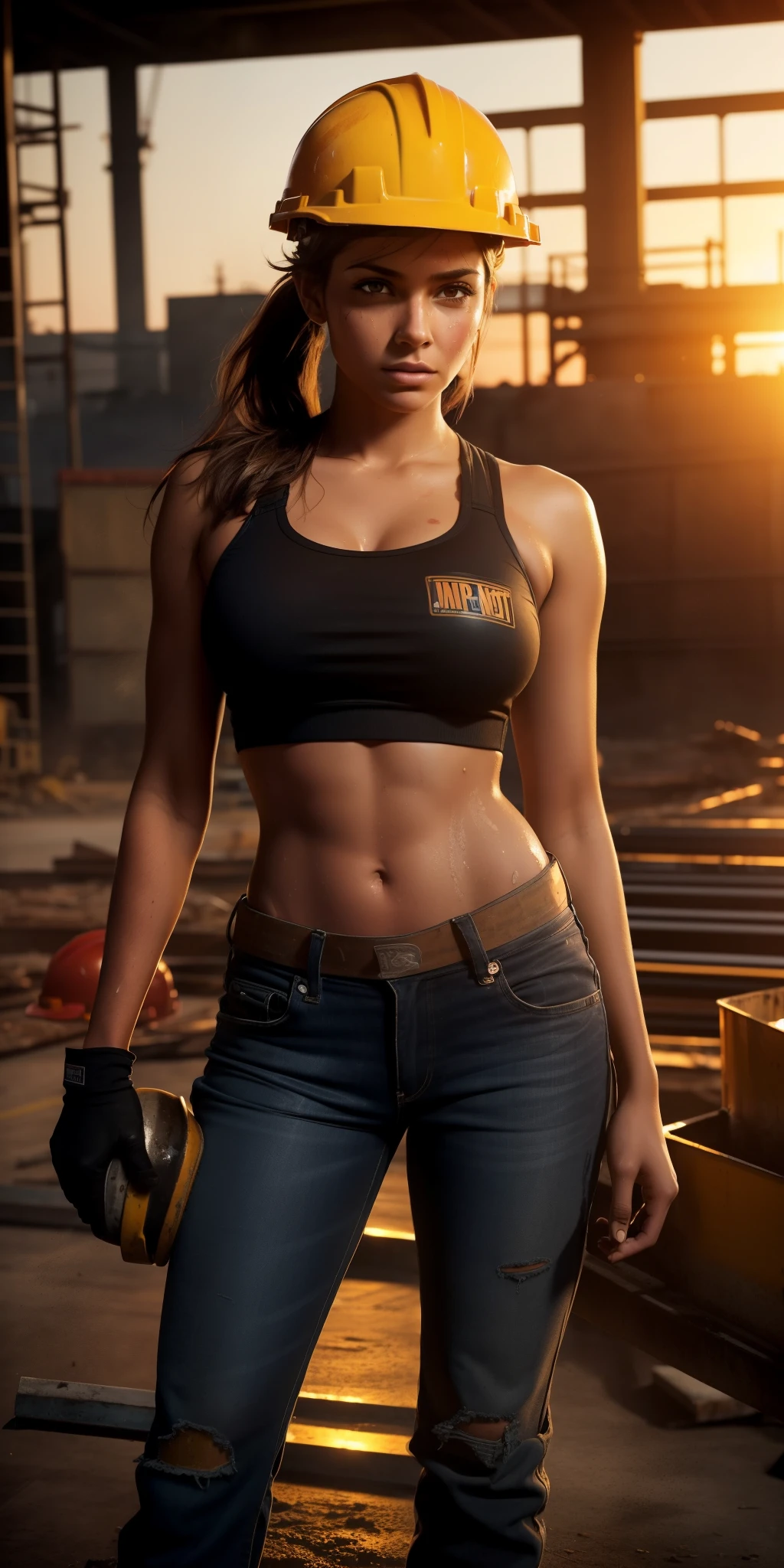 (hot,sexy,beautiful:1.1),(female,young:1.1),(construction worker,babe:1.1),(average built,dirty,grungy:0.9),(sweaty:1.1),(hard hat),(hair:1.1 gorgeous),intense gaze,powerful posture,classy outfit,sunset lighting,strong shadows,industrial background,graphic art style,high contrast colors,warm color tone,steamy atmosphere