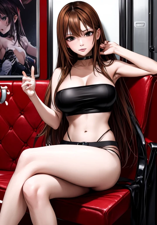 A beautiful adult woman with long hair, big breasts, beautiful legs, and a sharp face is sitting with her legs spread apart on a train wearing a black tube top that exposes her navel and hot pants shaped like black panties.。I'm showing off my crotch。