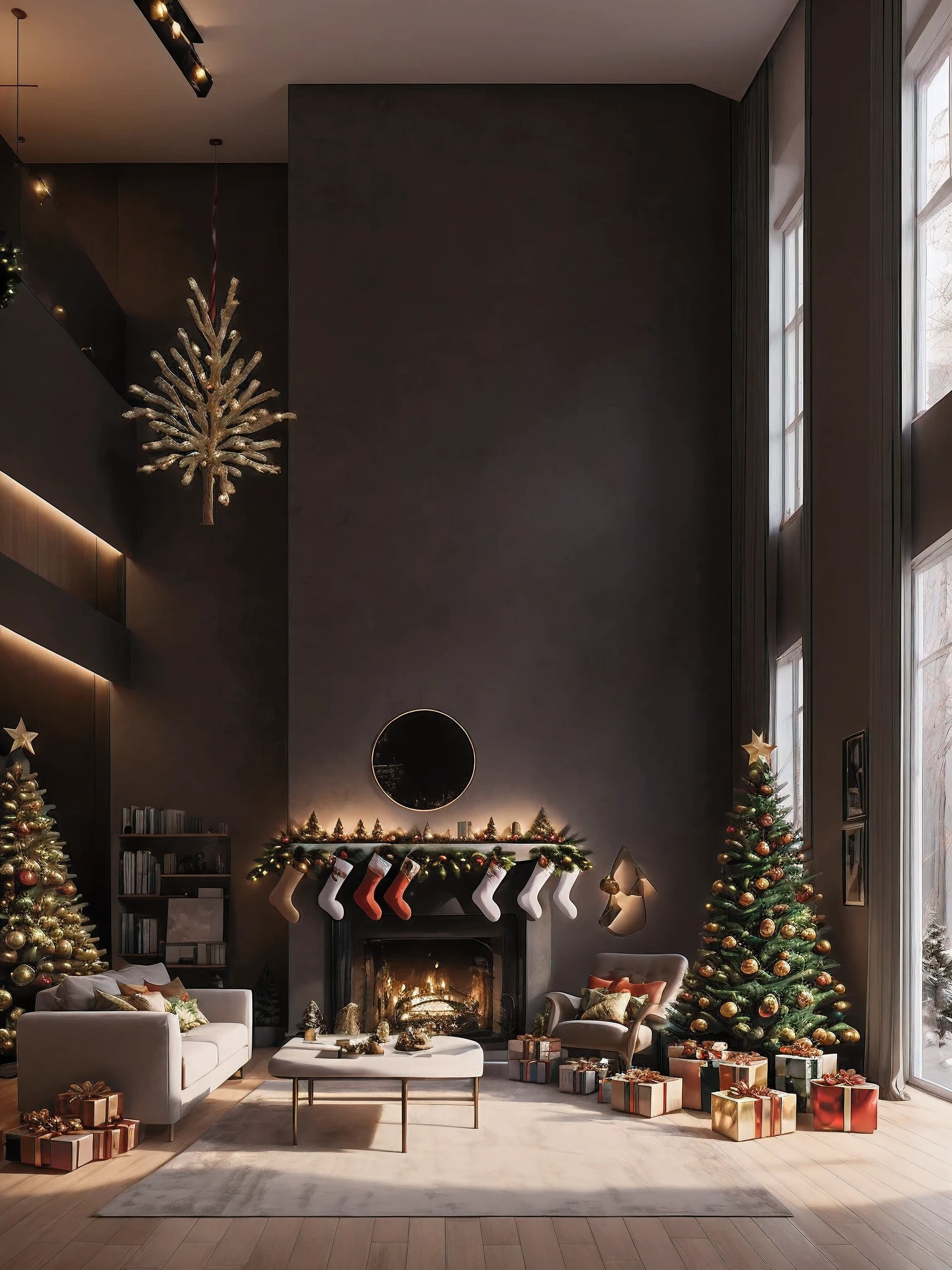 (Masterpiece in maximum 16K resolution), the best quality, (very detailed CG unity 16k wallpaper quality),Super Detailed. | Stunning reflections, the best reflections ever, (glow), (particle effects), Isometric 3D, Octane Rendering, Ray Traced,(best illustration). | Loft Style Living Room, Christmas Decorative style gorgeous, (((Christmas Tree))), (((Christmas Gifts))), Minimalist Decorative style, Christmas Mistletoes, Giant UHD TV, IKEA furnitures,Award winning design, concept house, architectural concepts, bright modern style, dramatic rendering, tall ceilings, highly detailed interior, architectural render, minimal modern, modern living room,indoor, nighlight, shimering light, cinematic lighting,glossy wooden floor,rug,warm tones,accent lighting.