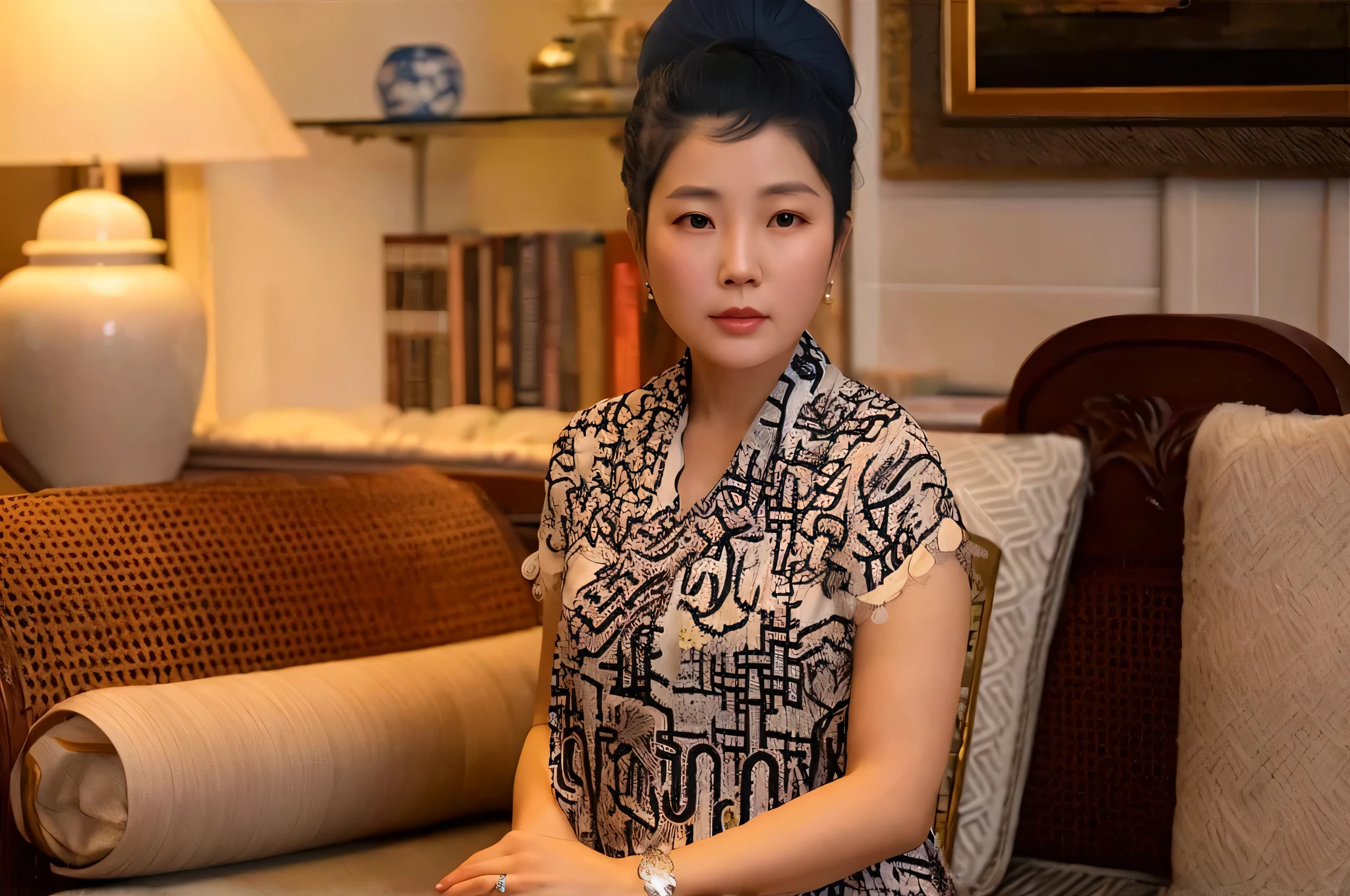 There was a woman sitting on the sofa with a lamp on....., Inspiration from Li Tang, Inspiration from Zhang Seduan, Inspiration from Xia Chang, Inspired by Min Zhen, Author Zhang Li, Inspiration from Jiao Bingzhen, Inspired by Wang Lü, May Lingzhou, Inspiration from Wu Zhen, inspired by Qiu Ying, yun ling