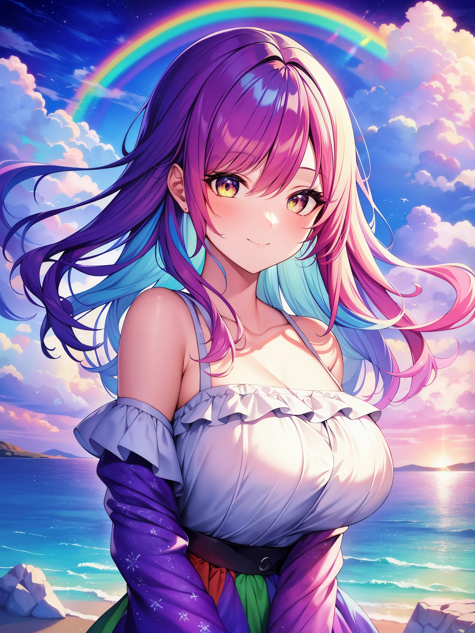 (masterpiece), best quality, high resolution, extremely detailed, detailed background, perfect lighting, (colorful, vivid color:1.4), 1girl, rainbow hair, cotton candy cloud, sky, smile