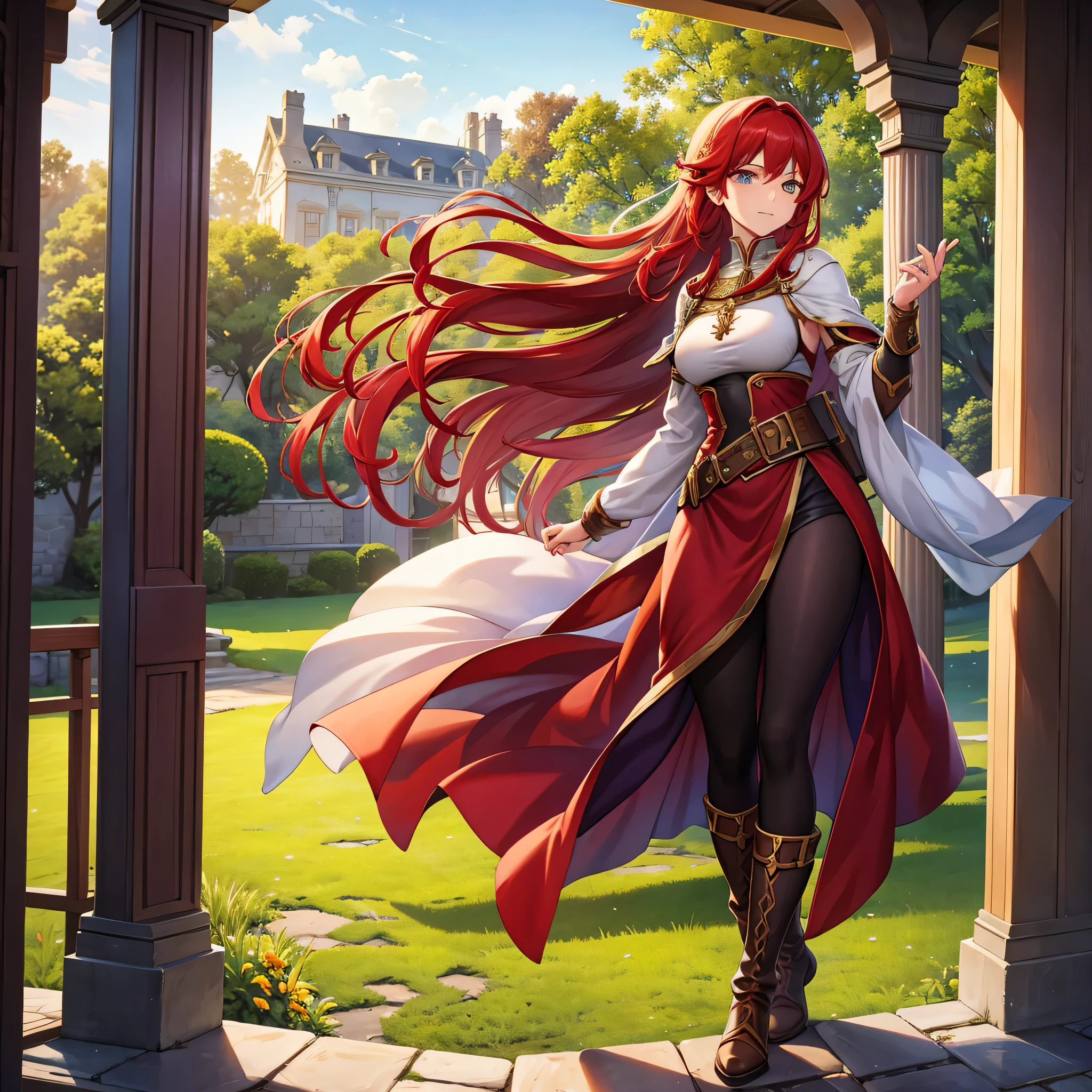 Full body portrait of Ileosa Arabasti from the Pathfinder Roleplaying Game, flowing mid-length red hair, wearing commoner clothes with boots, on the porch of a country house, serene expression, looking at the horizon, solo character