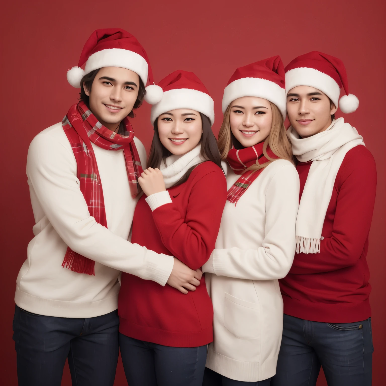 The three of them posed for photos during the New Year's Eve, wearing festive clothing, promotional art, personal profile picture, wearing Red clothes, vacation, personal profile picture, commercial photograph, Red clothes, red neckchief, advertising photograph, promotional images, Red and white color scheme, red and white color theme, avatar images,, white and red color scheme,男女Relationship chaos,Relationship chaos。