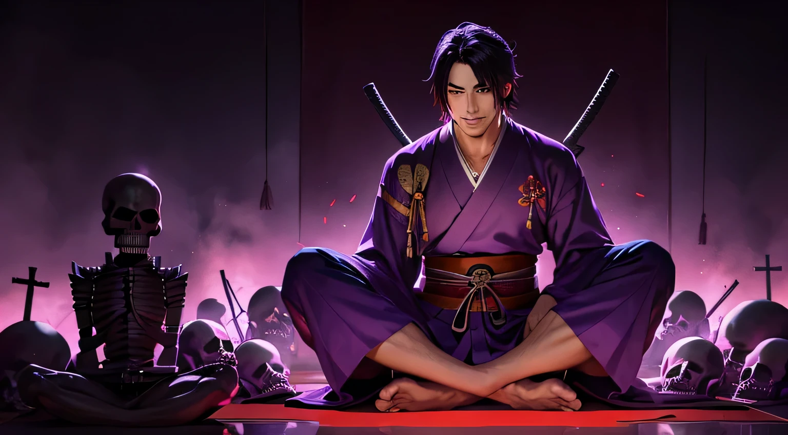 Male attendants, Purple kimono, Grinning, red aura, Sitting cross-legged, surrounded by skeletons