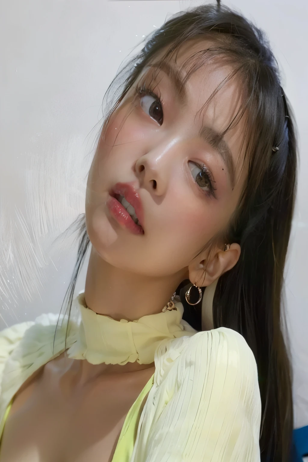 a Close up of a woman with a yellow shirt on, Lalisa Manobal, Blackpink Jennie, Lalisa Manoban de Blackpink, Parque Roseanne de Blackpink, Heonhwa Choe, Gongbi, portrait of Jossi de Blackpink, Chica coreana, Jossi de Blackpink, con flequillo, Parque Ji-min, Foto de perfil de la foto de cabeza, Cl