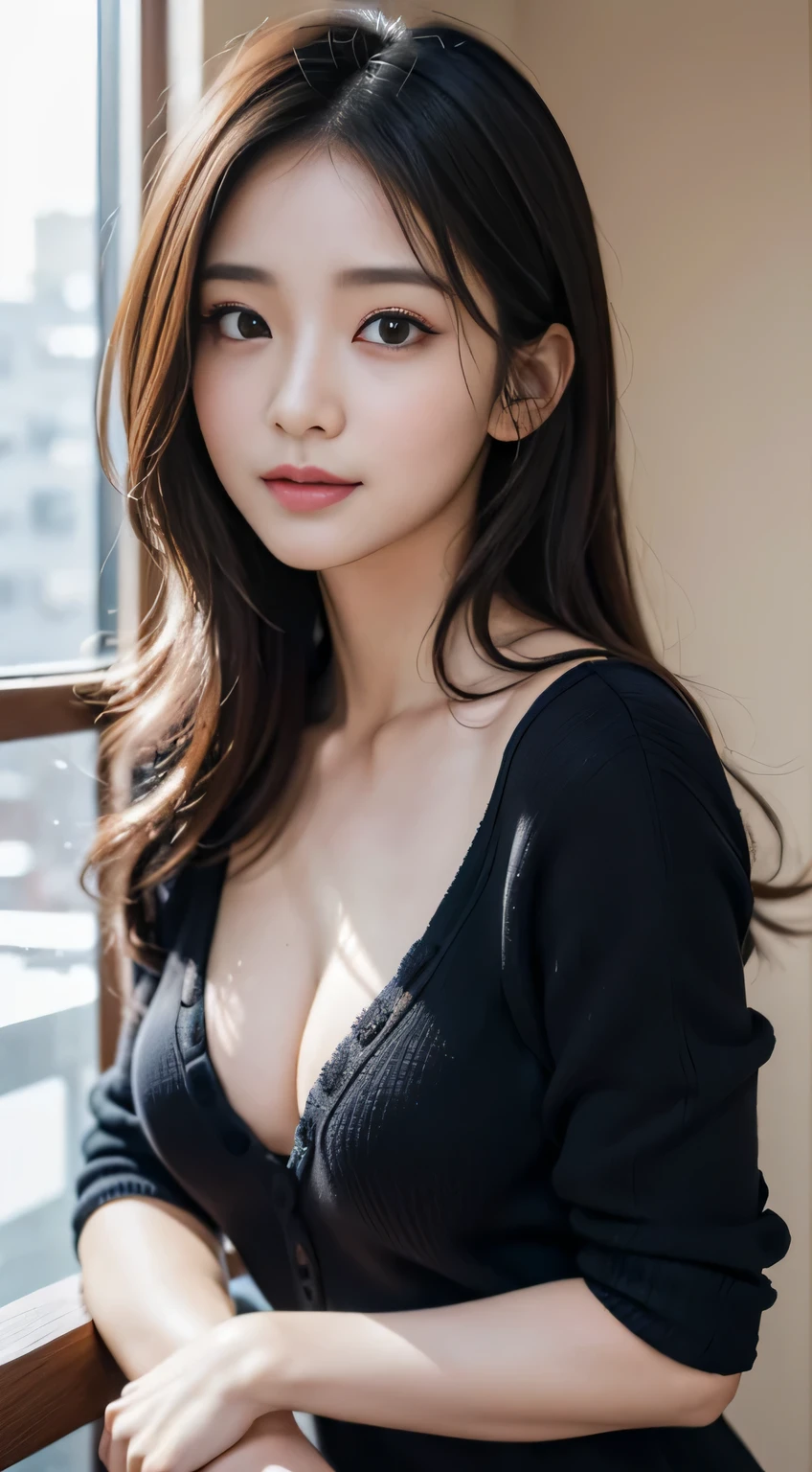 masutepiece、Best Quality、Illustration、 Ultra-detailed、finely detail、 hight resolution、8K Wallpaper、Perfect dynamic composition、31 year old beautiful adult woman、Neat and clean woman、A detailed face、Detailed eyes、Textured skin、A faint smile、tiny chest、Bold sexy poses、Winter casual wear、