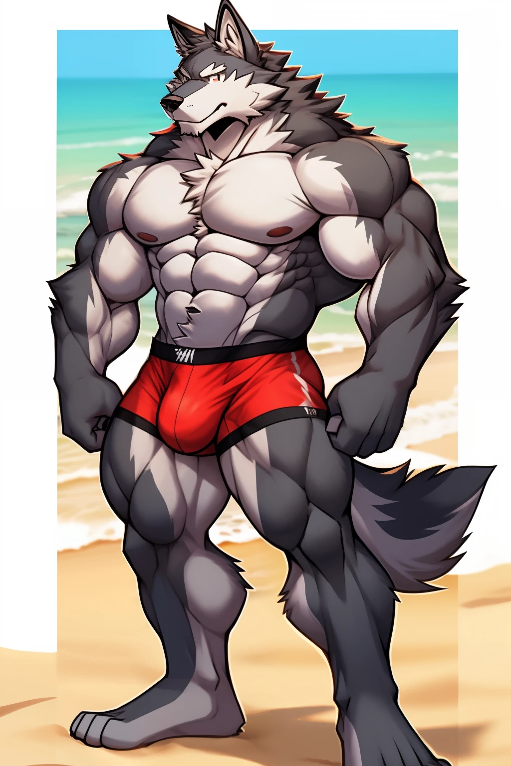Muscular gray wolf bulge with red swimwear on the beach