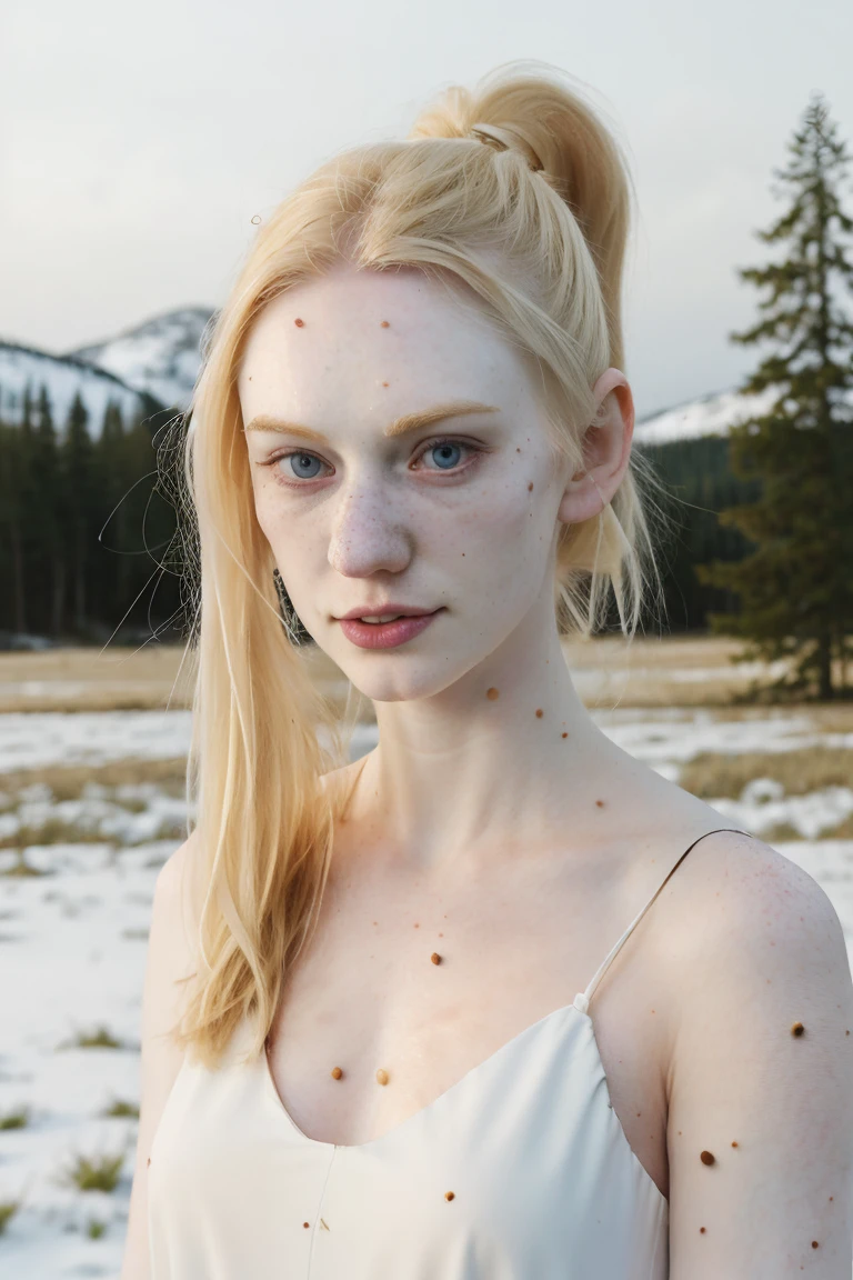 (pale white:1.5) dbwl woman  with (pale_white_skin:1.5), 

[(beauty_marks:1.3):(light beauty_marks:.01):8],
(pale white skin:1.5) (with many moles:.01), 
 [(Natural light_blonde_hair:1), (light_blonde_eyelashes, light_blonde_eyebrows:1.3):4], [(blue_eyes:1):4], 
Nordic Scandinavian albino,

 (full body shot:1.3),
Clean face, (ponytail_hairstyle:1.3), 

 detailed_skin, (skinny:1.5), (fit:1.55), (sunny:1.1), front light, well lit, bare arms, arctic, (snow), outdoors, nature, Scandinavia, unedited photograph, detailed, happy, dress, high resolution, photograph, RAW photo, in frame, 

BREAK 
[(large beauty_marks:.01), (many large light moles:1.55):8],