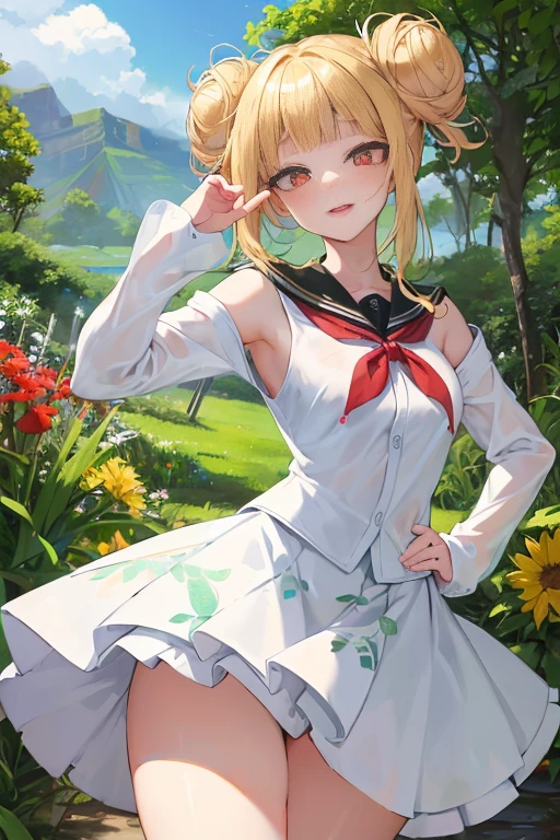 tmasterpiece、Need、1 female student、White cloth bun bun bun、Shoulder leakage、The chest is large、chubbiness、ssmile、upper legs,pale pink lip、posing at school,legs are open, 独奏,looking at viewert, (upper legs粗:1.0),Yazawa Nico,red eyes, face flushed,Blunt hair,both hands on hip,greet,Flower headdress,Intricate details、Realistic texture、The unevenness of the human body、Every detail is real、quality、Surreal work、Women are meticulous and realistic、In the foreground of graphic art、Women dancing traditional dances on Kauai。She wears flower ornaments and straw robe.、He is holding a bouquet of flowers in his hand。Her expression is bright and happy.、The dance movements are also graceful and graceful。Her dance seems to celebrate Kauai’s nature and culture。 Graphic art background、Visible to Mount Waiareale。The area near the summit is covered by thick clouds.、It has an air of mystery。Lush vegetation and waterfalls can be seen on the mountainside。pure、There is a rainbow in the sky.、kauai island name「Garden Island」it expresses the rich essence。
