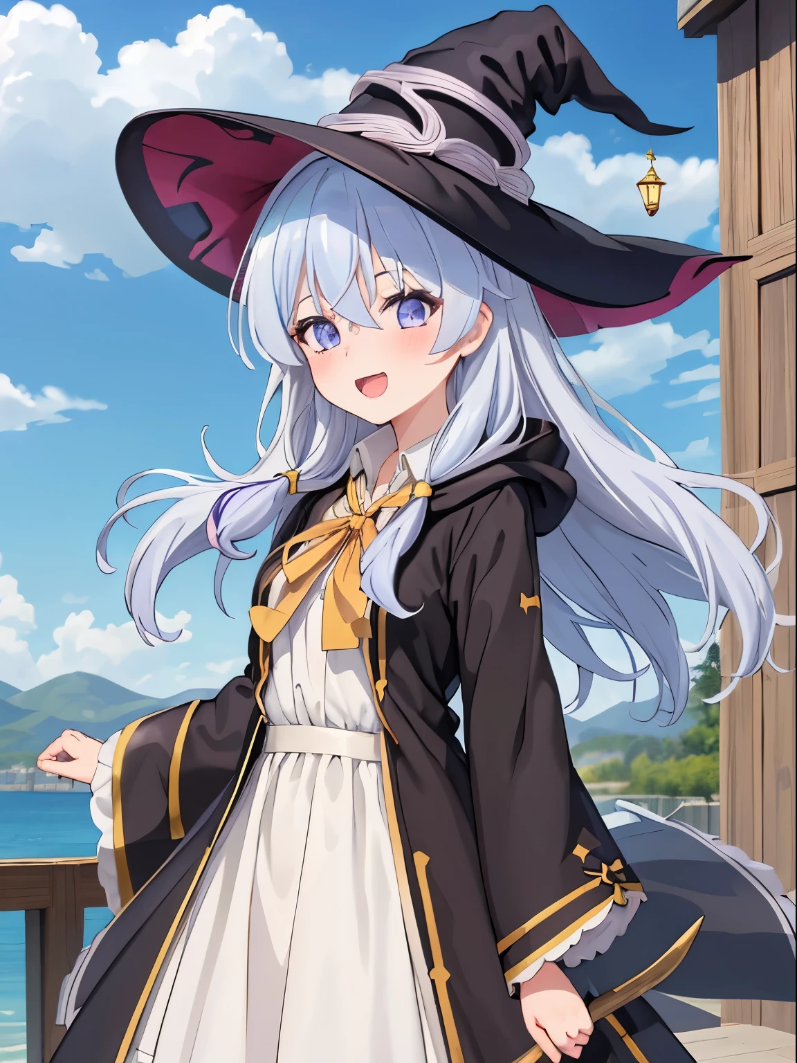 (masterpiece:1.6, best quality), (finely detailed beautiful eyes: 1.2),  phelaina, Eouftit3,  Eof3, 1girl, elaina (majo no tabitabi), solo, witch hat, long hair, black headwear, blue eyes, collared shirt, hair between eyes, white shirt, ribbon, yellow ribbon, bangs, upper teeth only, teeth, neck ribbon, bow, witch, open clothes, blush, anime coloring, hood, yellow bow, jewelry, floating hair, yellow bowtie, shiny hair, bowtie, black robe, wing collar, open robe, purple eyes, dress shirt, standing, upper body, looking at viewer