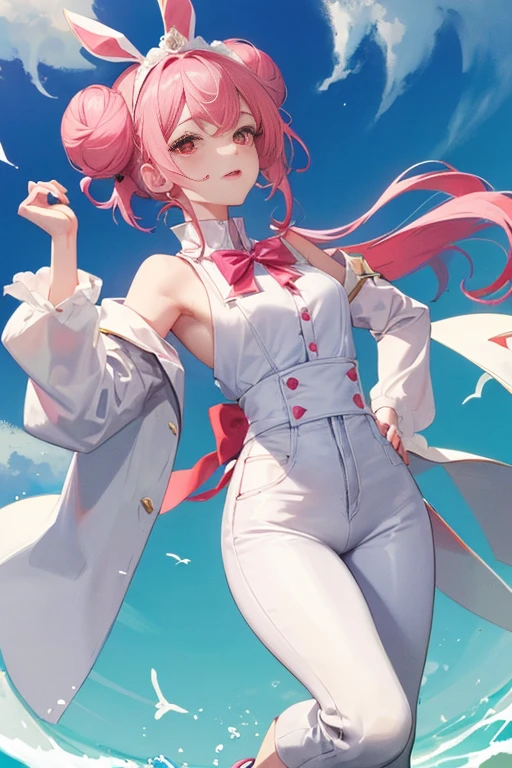tmasterpiece、Need、1 female student、White cloth bun bun bun、Shoulder leakage、The chest is large、chubbiness、ssmile、upper legs,pale pink lip、posing at school,legs are open, 独奏,Denim jumpsuit, looking at viewert, (upper legs粗:1.0),Yazawa Nico,red eyes, face flushed,Blunt hair,both hands on hip,greet,Flower headdress,