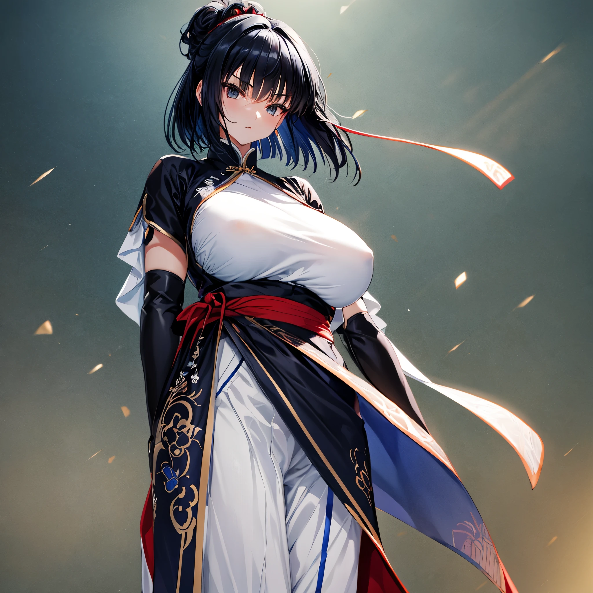 best quality, masterpiece, extremely detailed CG, extremely detailed 8K wallpaper, standing, HDR, 1girl, solo, outdoors, dojo, martial arts girl, dark Blue hair in a bob cut, cowboy shot, solo, looking at viewer, long hair, intricate details, hyper detailed, Beautiful Nose, Beautiful character design, facing viewer, huge breasts, slim waist, black eyes, wearing a black and white china dress, wearing martial arts gloves, Anime style, standing, pale skin, serious face, no expression, jet black eyes, arms at side, deadpan, standing up straight, facing viewer, sexy, anime style, facing viewer, full body shot, feudal china background