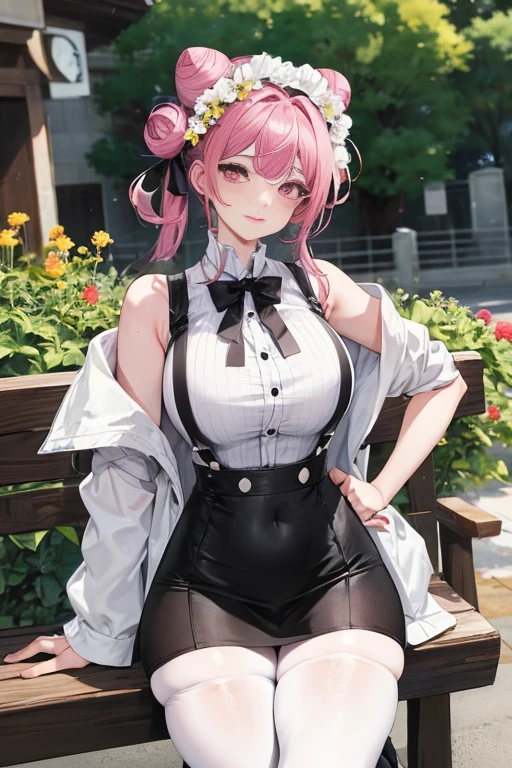 masterpiece、The best、1 female student、White cloth bun bun bun、Shoulder leakage、big breasts、chubby、Smile、White suspenders、lace leggings、light pink lips、posing at school，（Soaked all over），legs are open， solo, White polo shirt, looking at the audience,  (Thick thighs:1.0),Yazawa Nico,red eyes, Blushed,Blunt hair,hands on hips，greet，Flower headdress，Large scissors