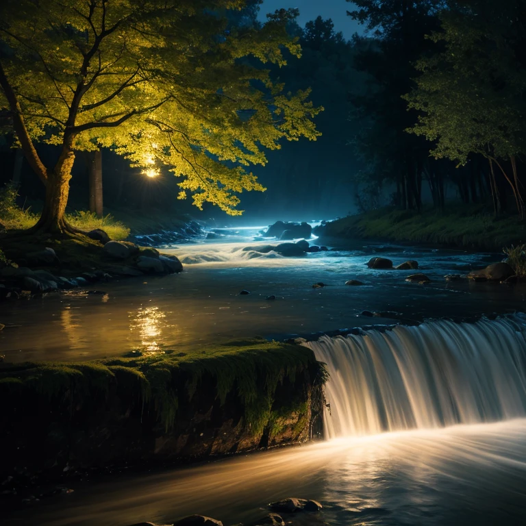A tree in the middle of the river spilling water and light very brightly and at night