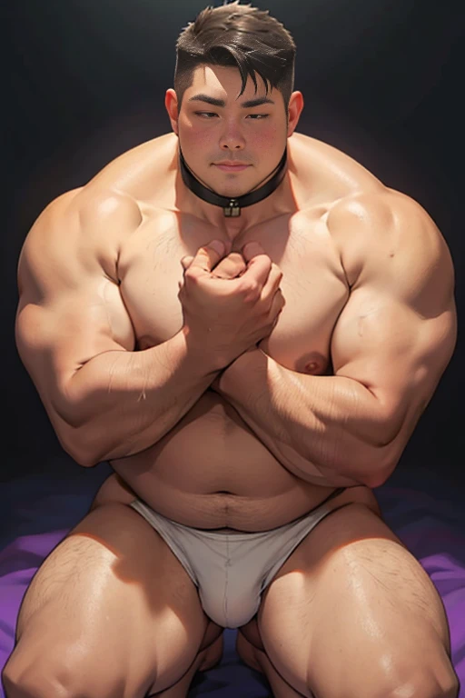 Best quality, tmasterpiece, A high resolution, Fat gay, naked,round face, short hair,chubby,erectilt,kneel down,briefs,choker,hands bound