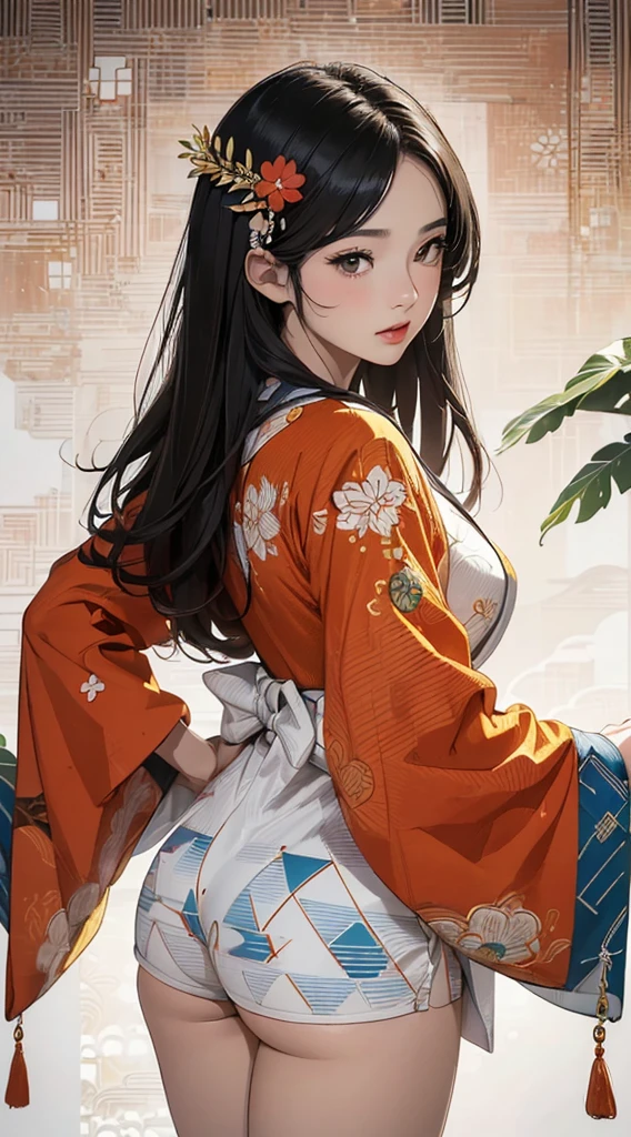 ((8k wallpaper of extremely detailed CG unit, ​masterpiece, hight resolution, top-quality, top-qualityのリアルテクスチャスキン)), ((a very beautiful woman, Seductive facial expressions, Plump lips, The upper part of the body, Japanese pattern haori, Japanese pattern micro mini shorts)), (messy black hair, de pele branca, Small), ((Colorful background with geometric patterns, Japanese pattern background, warm color, white backgrounid)), hyper realisitic, digitial painting, concept-art,