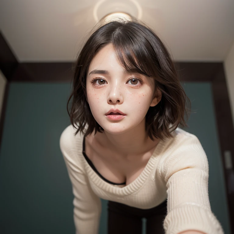 Highest Quality, masterpiece, unbelievably Beautiful, very delicate 8k wallpaper, Beautiful, ultra Detailed, 35mm film, Transcendently Beautiful Girl, Japanese, Cute Girl, (Ecstasy:1.4) ,((sexy face:1.4)), ((extreme close-up face:1,4)), (((looking down:1.6))),looking at viewer, ((viewer is looking up from directly below her)), ((From directly below)),((all fours)), Shy, ((Plump lips)), Short hair, hair messy, Wavy Hair, Black hair, Brown eyes, dropping eyes, Beautiful breasts, Sweaters, {{ few freckle}}, chubby, 25 years old, Bedrooms, (dark light:1.4), dark illumination, inside in room, night room, ceiling, Detailed face, Detailed eyes , Detailed arms