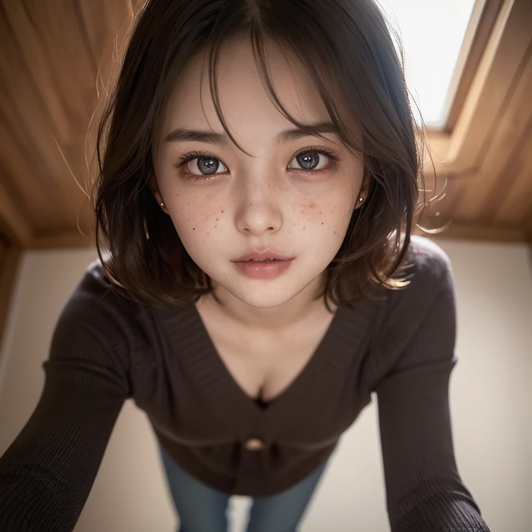 Highest Quality, masterpiece, unbelievably Beautiful, very delicate 8k wallpaper, Beautiful, ultra Detailed, 35mm film, Transcendently Beautiful Girl, Japanese, Cute Girl, (Ecstasy:1.4) ,((sexy face:1.4)), ((extreme close-up face:1,4)), (((looking down:1.6))),looking at viewer, ((viewer is looking up from directly below her)), ((From directly below)),((all fours)), Shy, ((Plump lips)), Short hair, hair messy, Wavy Hair, Black hair, Brown eyes, dropping eyes, Beautiful breasts, Sweaters, {{ few freckle}}, chubby, 25 years old, Bedrooms, (dark light:1.4), dark illumination, inside in room, night room, ceiling, Detailed face, Detailed eyes , Detailed arms