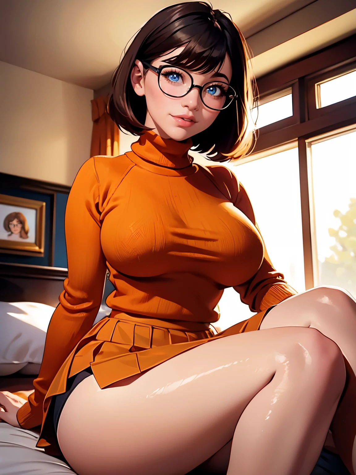 HD, 8k quality, masterpiece, Velma, dream girl huge tits, beautiful face, kissing lips, short bob hairstyle, long bangs, perfect makeup, realistic face, detailed eyes, blue eyes, brunette hair, eyelashes, smile grin, bedroom, sitting on bed, showing cameltoe, eyes at viewer, orange knitted turtle neck sweater, clear lens glasses, red school girl skirt, view from below,