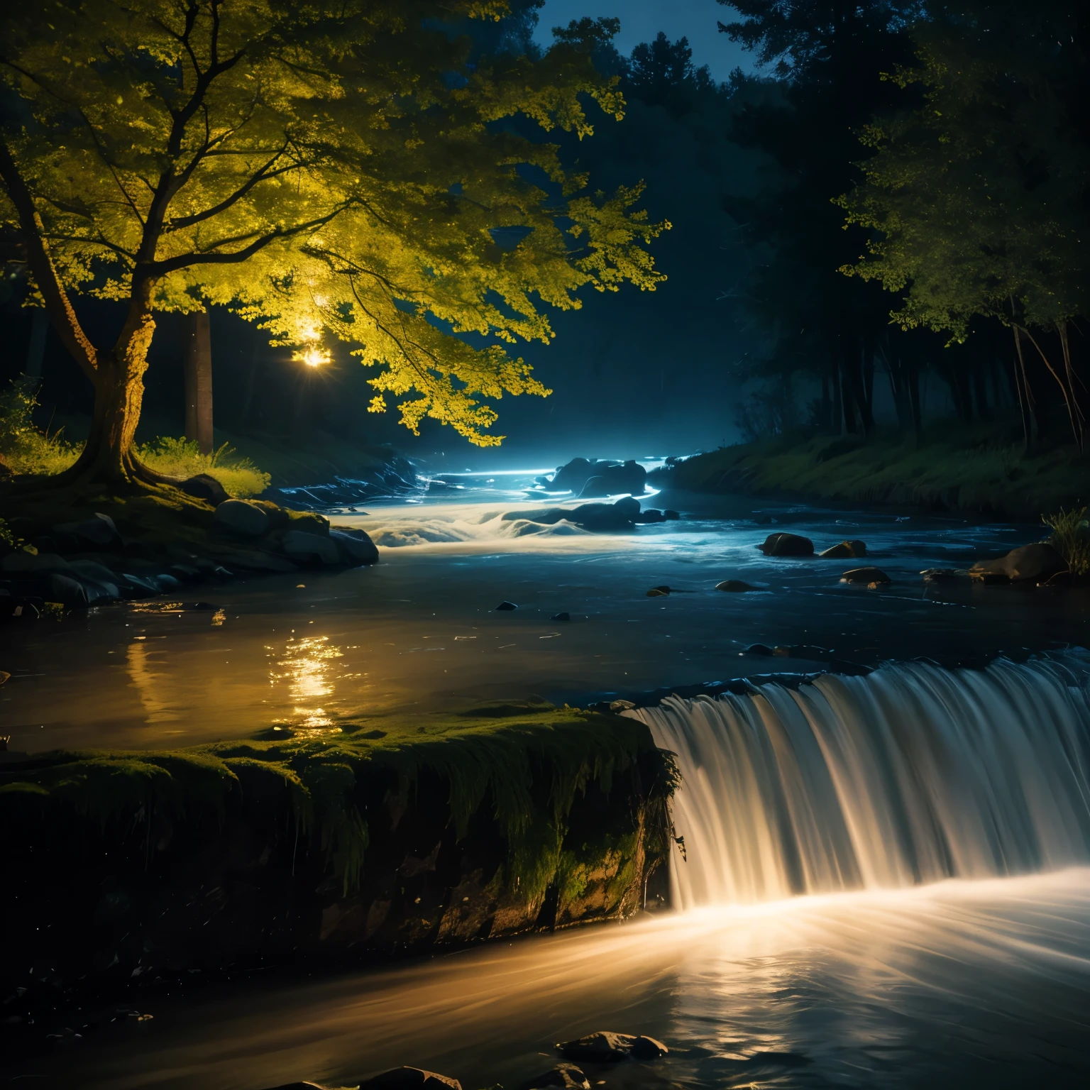 A tree in the middle of the river spilling water and light very brightly and at night
