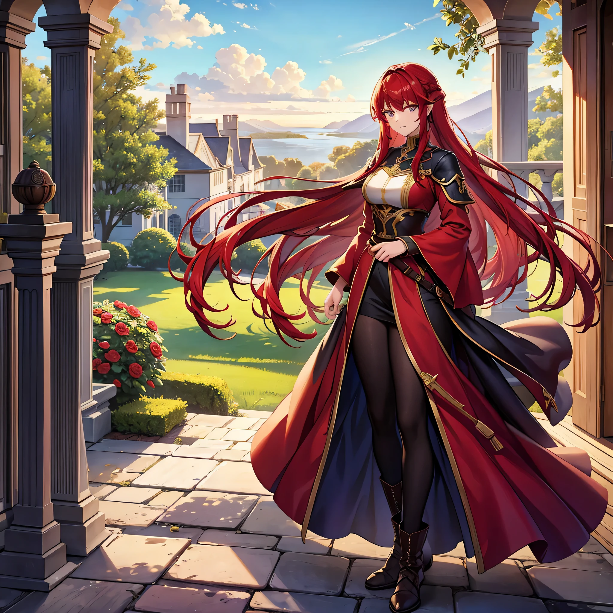 Full body portrait of Ileosa Arabasti from the Pathfinder Roleplaying Game, flowing mid-length red hair, wearing commoner clothes with boots, on the porch of a country house, serene expression, looking at the horizon, solo character