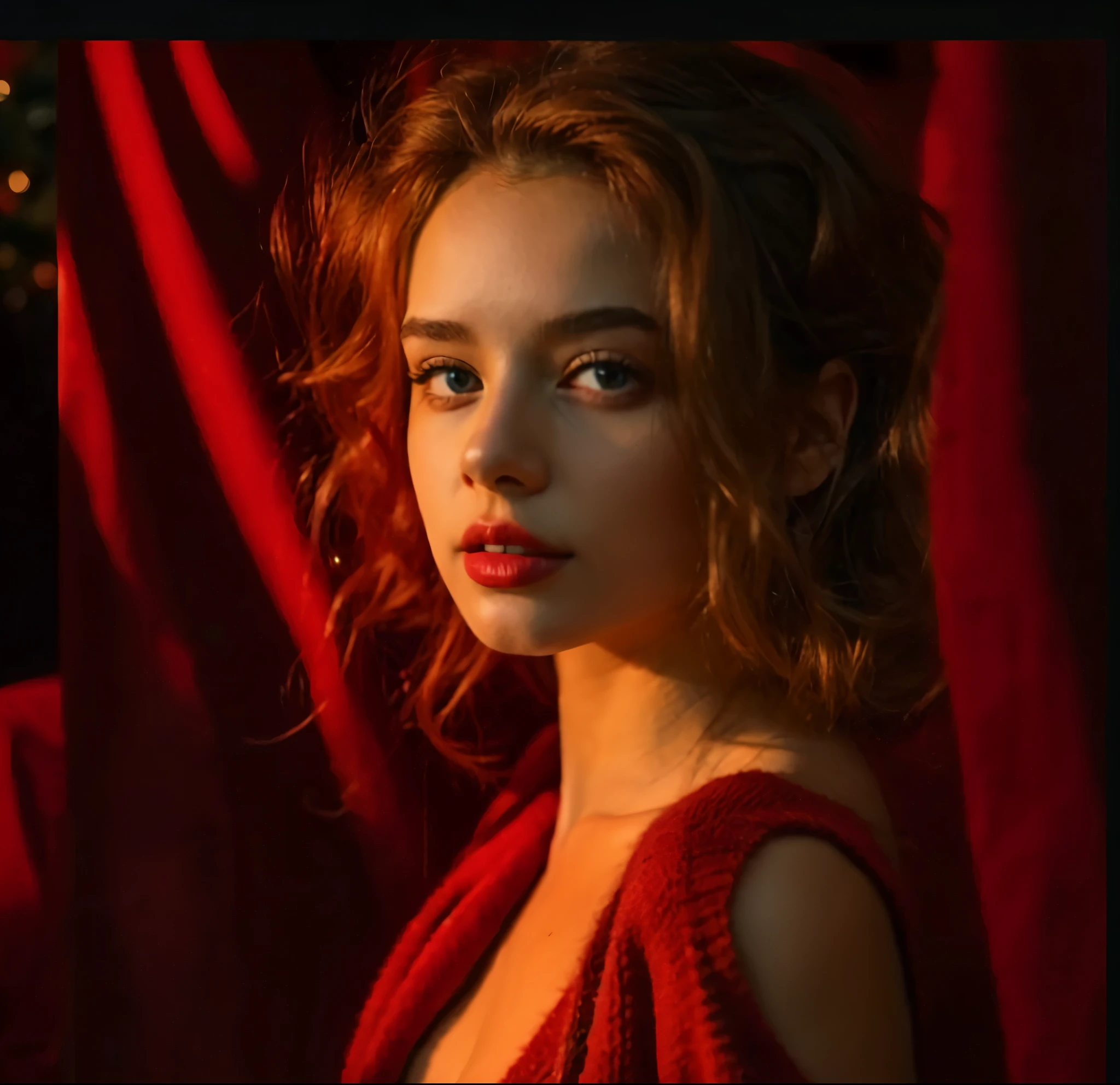 1 girl, jewely, Blonde hair, red Sweaters, Alone, looking at viewert, Sweaters, long whitr hair, 耳Nipple Ring, christmas tree, gifts, Indoors, fuzzy, fuzzy background, sitted, actual, christmas, desks, box,gifts box, off-shoulder Sweaters, exposed bare shoulders, cropped shoulders, a chair,  shoulder cutout, christmas ornaments, fireplace, longer sleeves, Ccup，ssmile