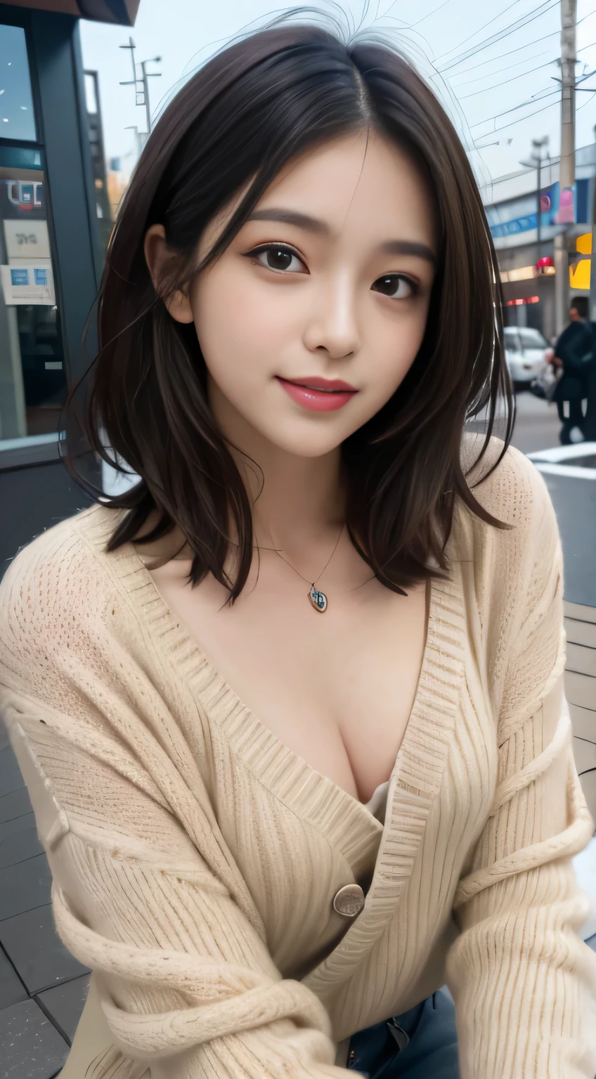 masutepiece, Best Quality, Illustration, Ultra-detailed, finely detail, hight resolution, 8K Wallpaper, Perfect dynamic composition, Beautiful detailed eyes, Winter casual wear,Medium Hair,tiny chest、Natural Color Lip, Bold sexy poses,Smile,Harajuku、20 years girl、Cute、Sexy shot looking at camera