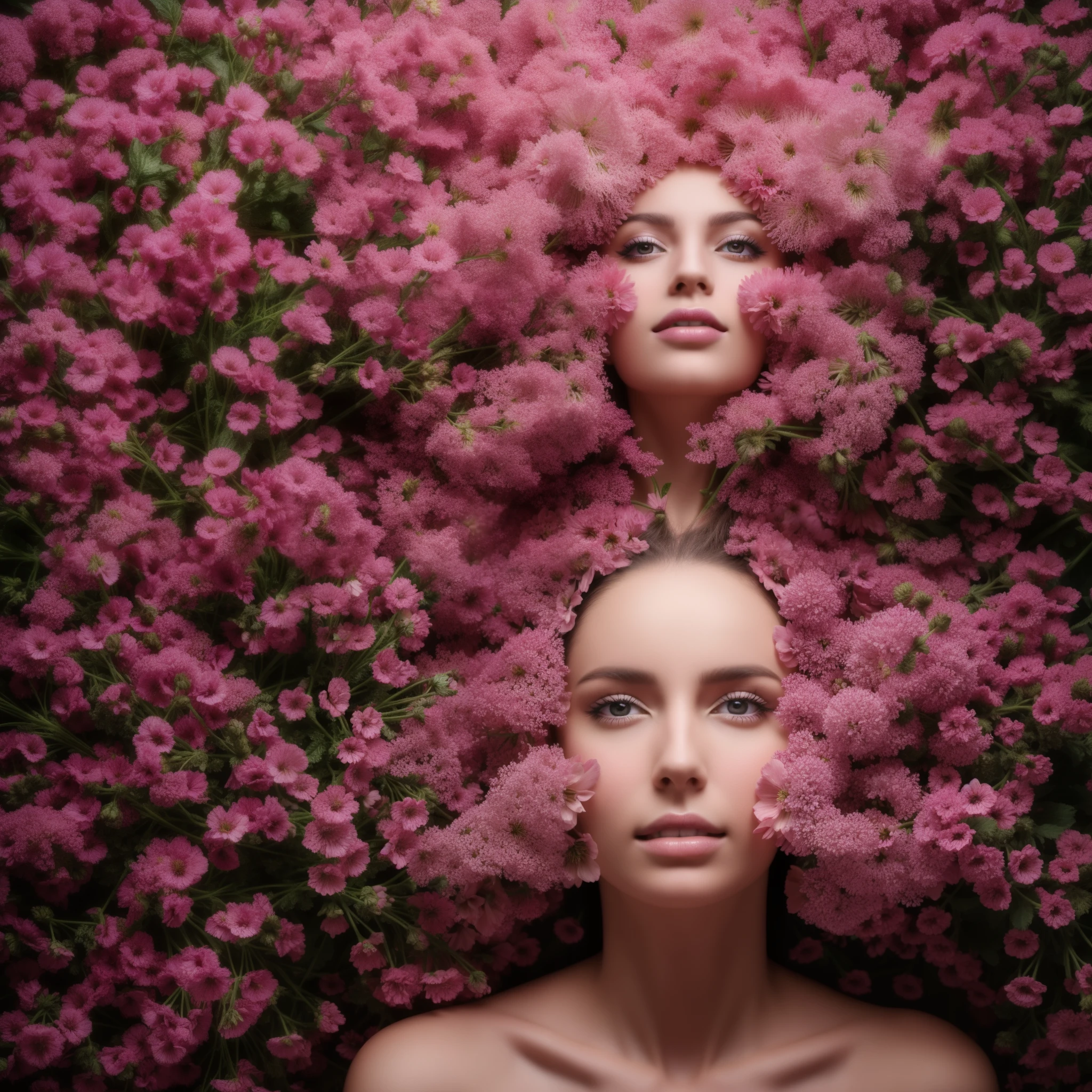 RAW photo of a surreal floral woman covered in flowers, abstract photo