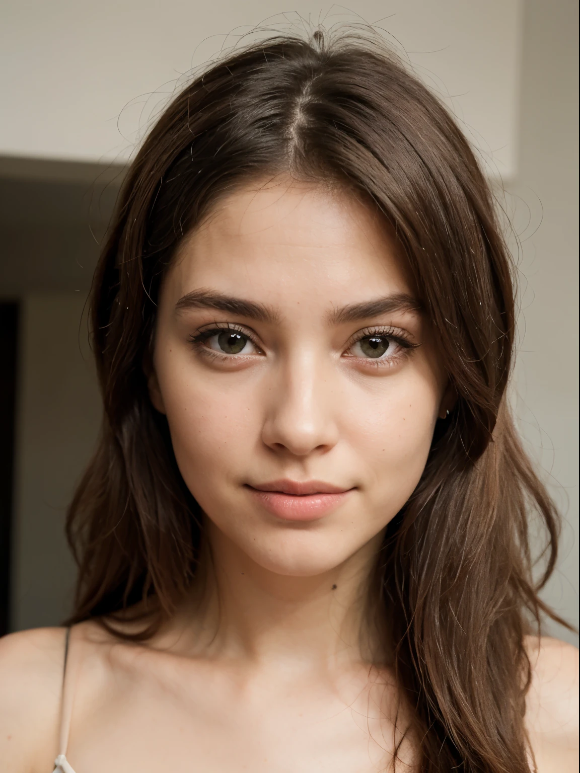 A woman of average height, por volta de 1,65m, com cabelos castanhos escuros, levemente ondulados, cascading down to the shoulders. Seus olhos expressam uma tonalidade verde intensa, reflecting determination and curiosity. The oval face has delicate features, enhanced by a lightly tanned skin. Ela tem um sorriso caloroso e acolhedor, accentuating your friendly personality. Quanto ao estilo, dresses with casual elegance, choosing neutral colors and cuts that highlight your subtle confidence.