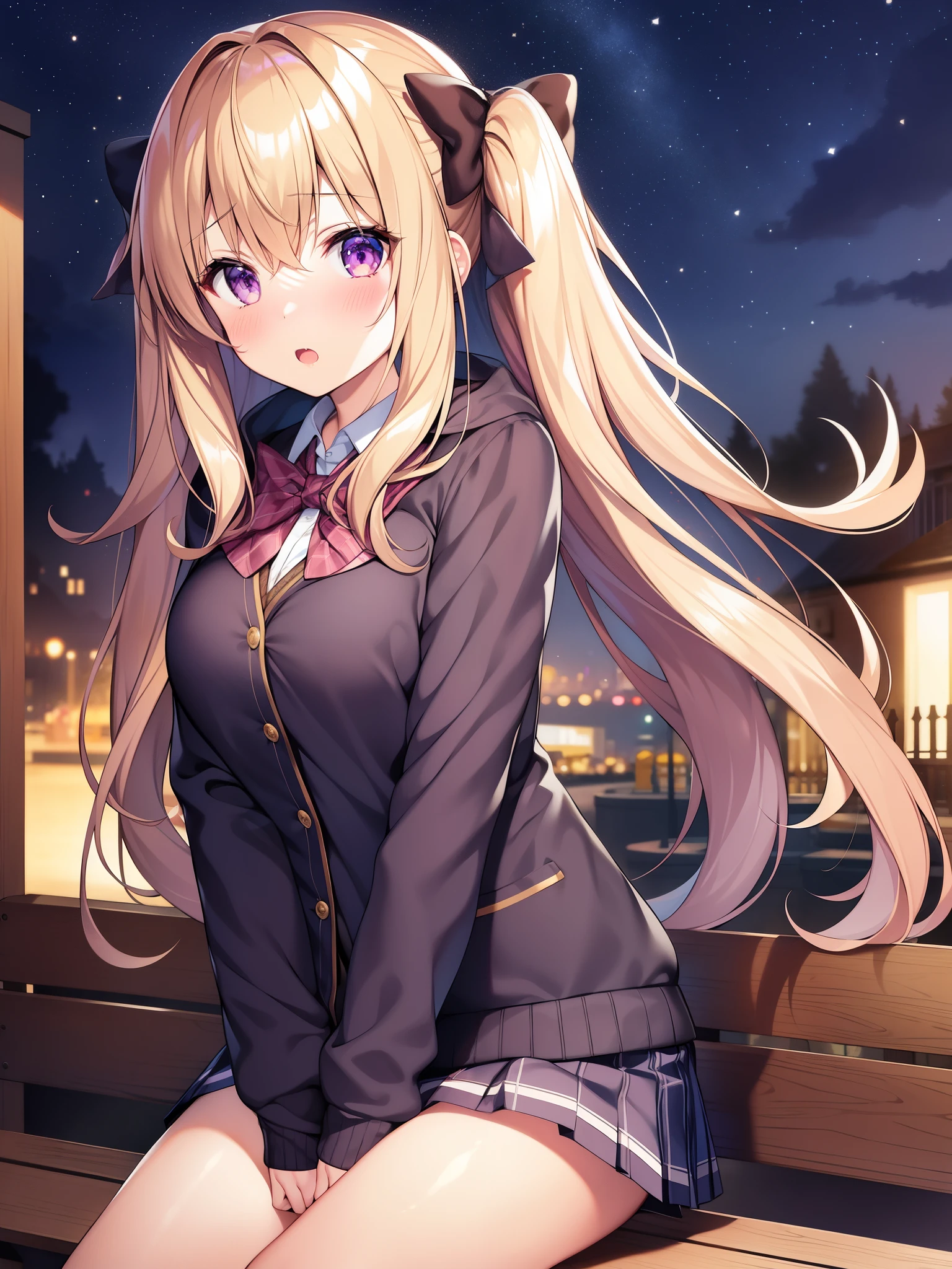 1girl, purple eyes, blush, long hair, twintails, solo focus, brown hair, bow, bangs, hair between eyes, blue bow, nose blush, light blush, :o, fang, very long hair, breasts, blonde hair, fangs, outdoor, night, street, starry sky, bench, sitting
, hooded jacket, casual,dark night ,night sky, arm hug, open jacket, pleated skirt,