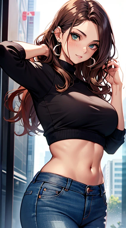 Gorgeous curvy white woman, 24 years old, wavy red hair, green eyes, topless, tight jeans, freckles, posing, multiple ear piercings, smoky eye eyeshadow, facing camera