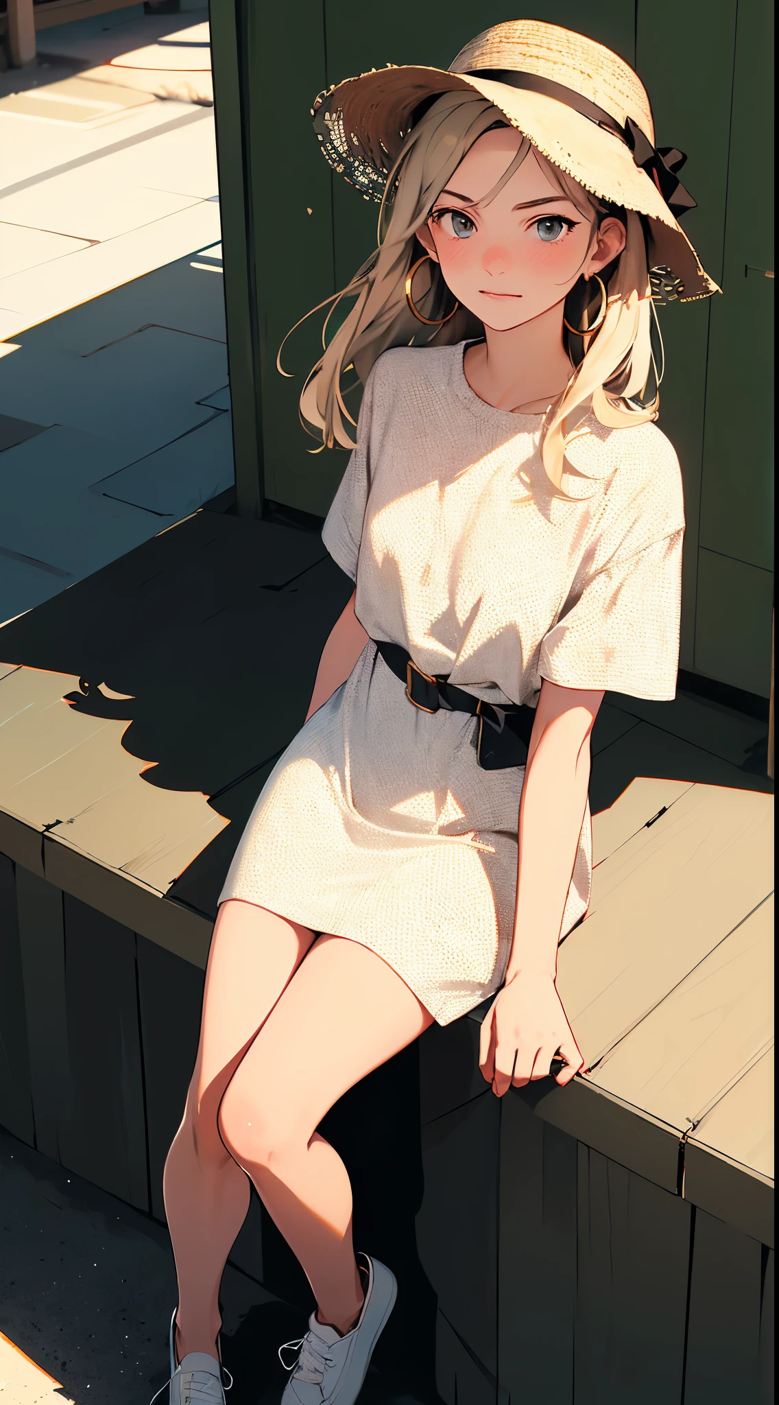 masterpiece, best quality,3girl,young girl, grapefruit eyes, ash blonde, long hair,unstable _face,shiny skin,flat chest,nice leg line:1.3,thick thighs, thin waist,, Red_polka_dot_wrap_dress, white_platform_espadrilles, woven_tote_bag, straw_hat, gold_hoop_earrings, cityscape,looking at viewer,from above:1.2,dynamic angle
