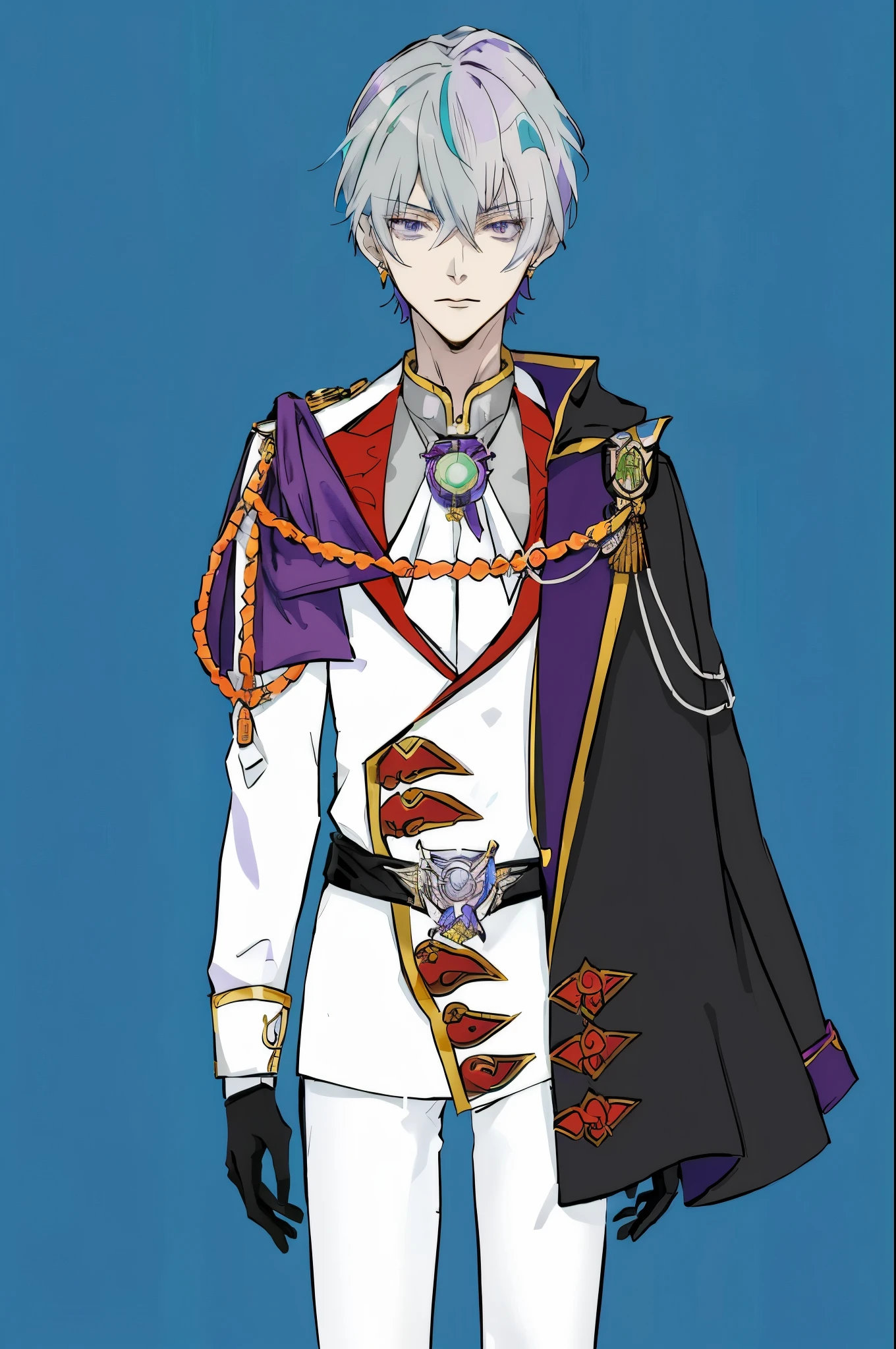 anime - male in a white suit and purple jacket, beautiful androgynous prince, delicate androgynous prince, ((wearing aristocrat robe)), royal attire akira, male anime character, hajime yatate, shigenori soejima illustration, nobutaka ike, official character realistic art, official character illustration hd, prussia