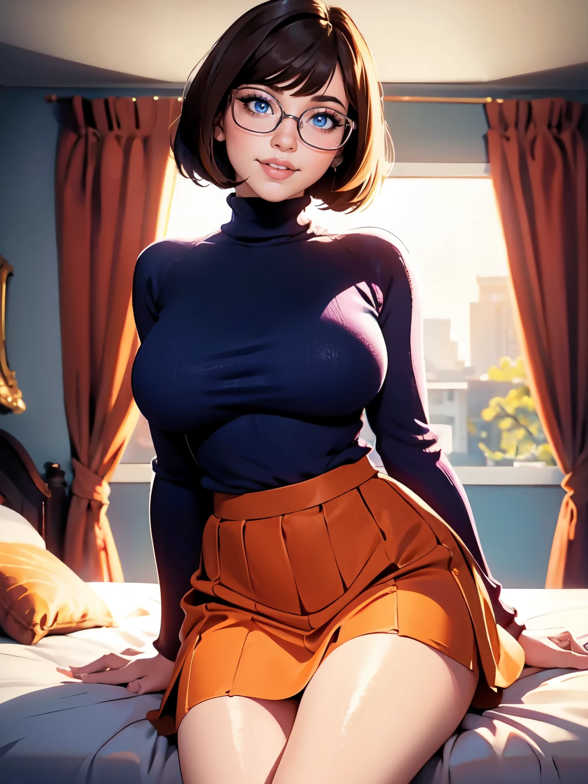 HD, 8k quality, masterpiece, Velma, dream girl huge tits, beautiful face, kissing lips, short bob hairstyle, long bangs, perfect makeup, realistic face, detailed eyes, blue eyes, brunette hair, eyelashes, smile grin, bedroom, sitting on bed, showing cameltoe, eyes at viewer, orange knitted turtle neck sweater, clear lens glasses, red school girl skirt, view from below,