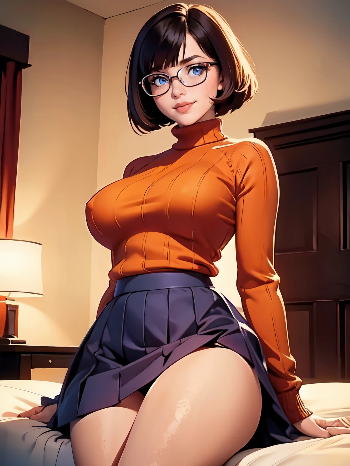 HD, 8k quality, masterpiece, Velma, dream girl huge tits, beautiful face, kissing lips, short bob hairstyle, long bangs, perfect makeup, realistic face, detailed eyes, blue eyes, brunette hair, eyelashes, smile grin, bedroom, sitting on bed, showing cameltoe, eyes at viewer, orange knitted turtle neck sweater, clear lens glasses, red school girl skirt, view from below,