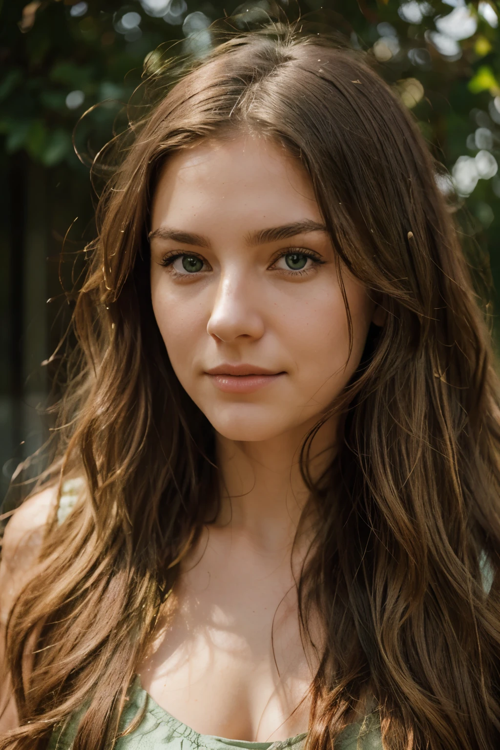 A photorealistic portrait of a 27-year-old woman with long, wavy hair and green eyes. She should have a natural, approachable expression and be illuminated by soft, golden-hour sunlight. Capture this image with a high-resolution photograph using an 85mm lens for a flattering perspective.