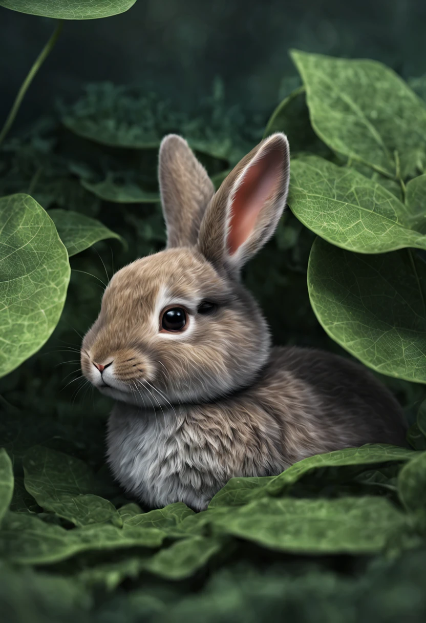 there is a bunny that is sleeping on a leaf, adorable digital painting, cute detailed digital art, cute digital art, chilling on a leaf, cute forest creature, beautiful and cute, sheltering under a leaf, cute 3 d render, cute little creature, cute animal, made of leaves, by Alexander Kucharsky, digital art animal photo, ultra realistic picture