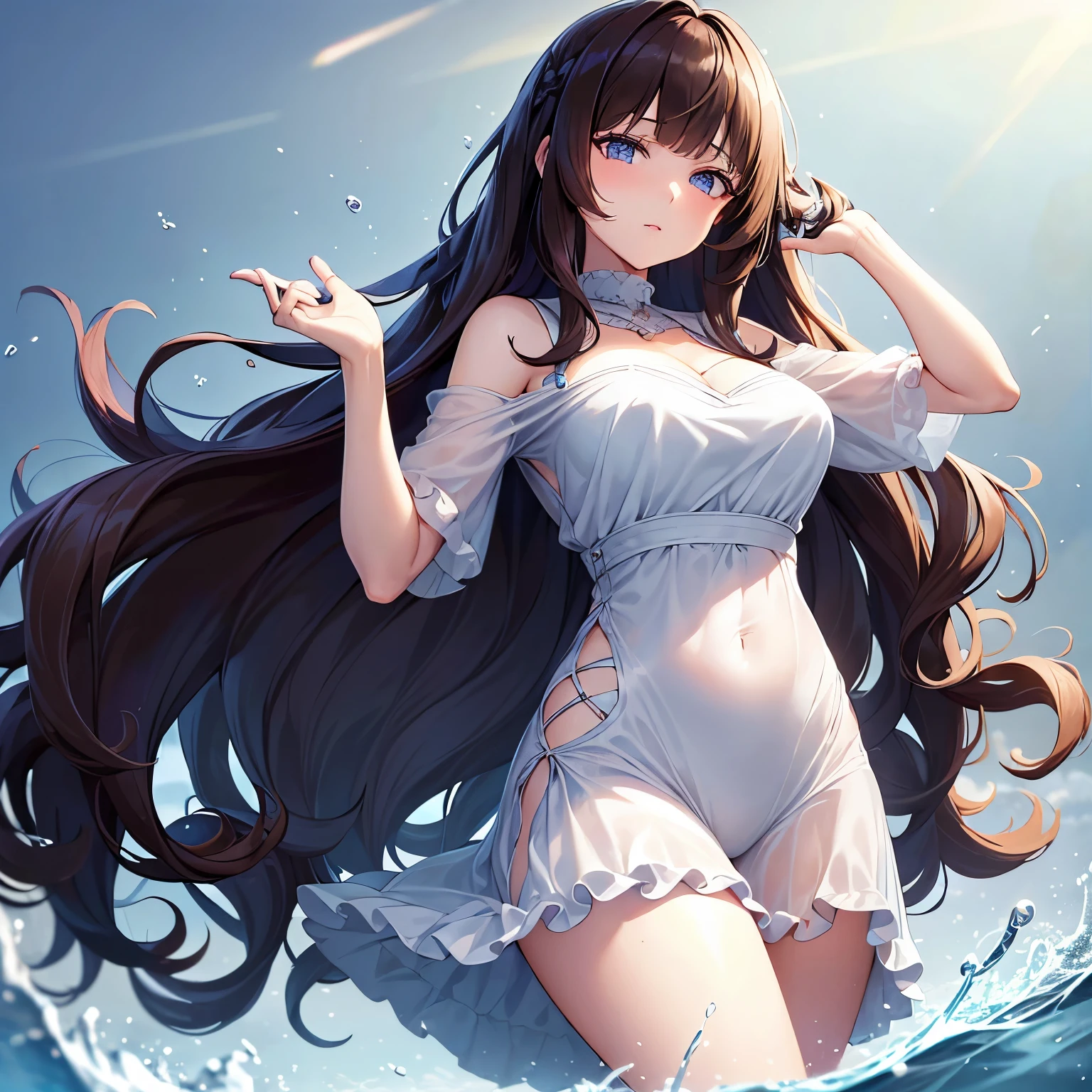 21 years old girl, wavy long hair, dark brown hair colour, blunt bangs, blue eyes,