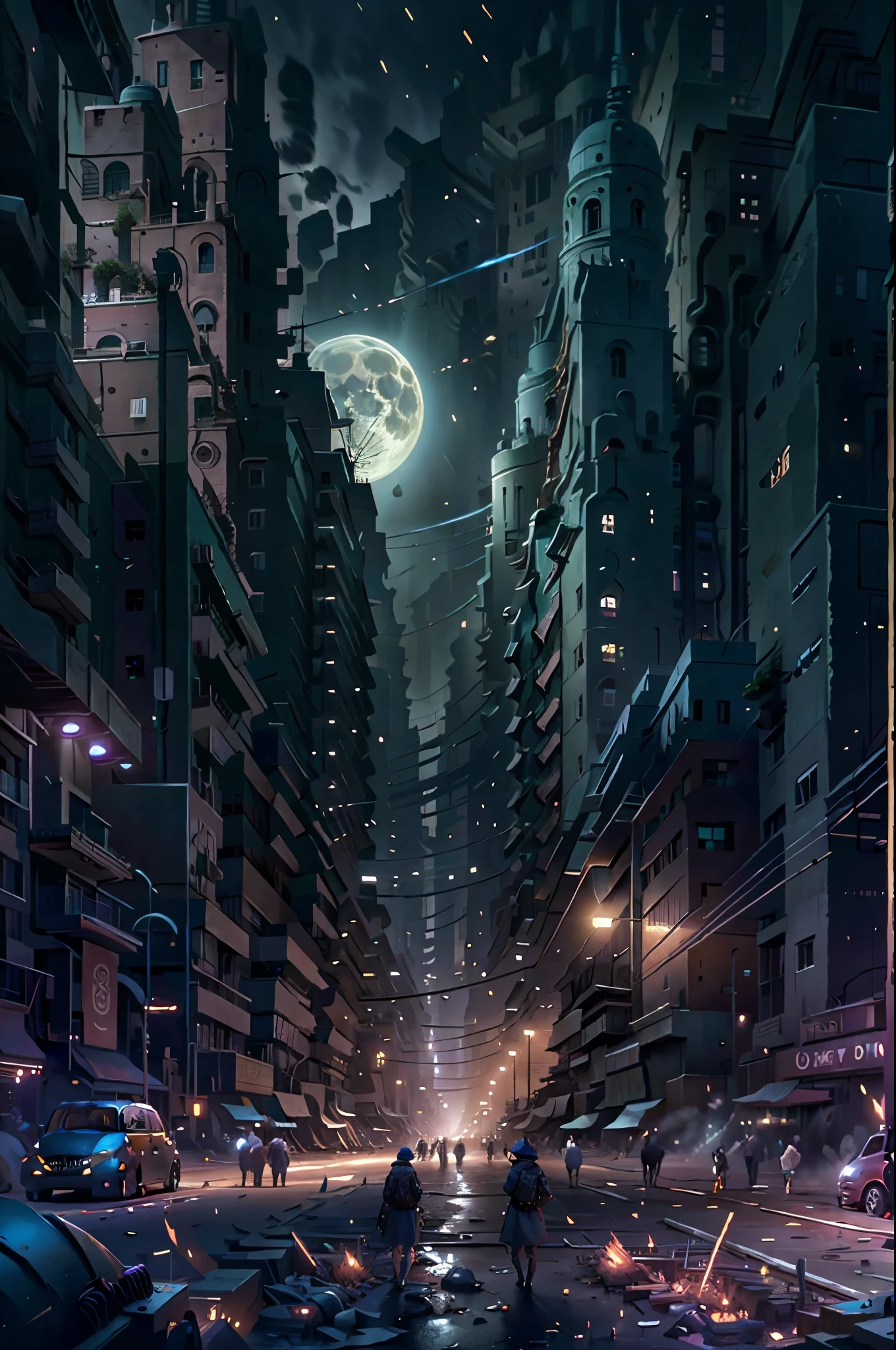 city night scene,Bustling,optic,shadowy,Award-Awarded,themoon,Ultimate beauty,8K,Wallpapers