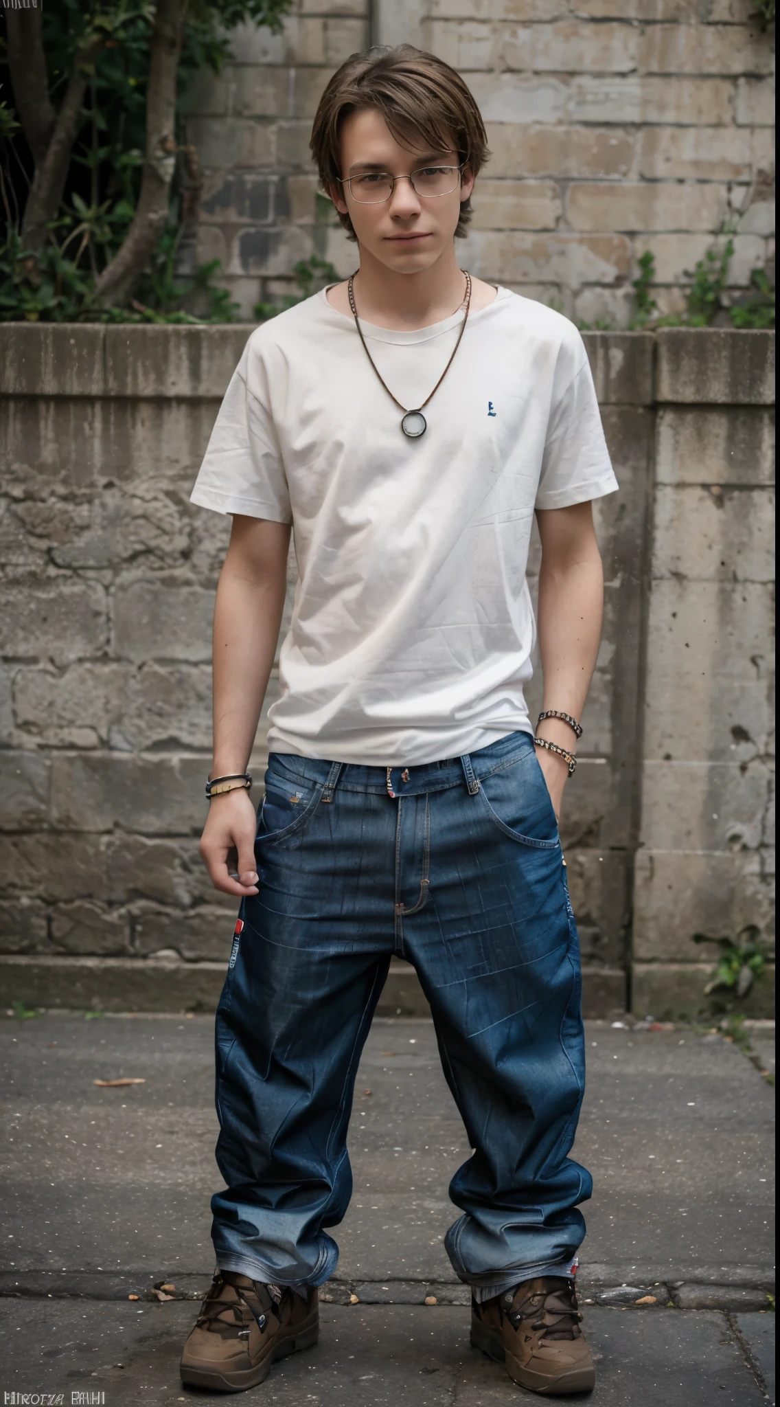 RAW photo, 1boy, 19 years old, glasses, standing, brown hair, shaggy hair, front view, street, baggy jeans, osirisd3, short sleeves, bracelets, necklace, sexy, 4k, best quality, highly detailed, masterpiece