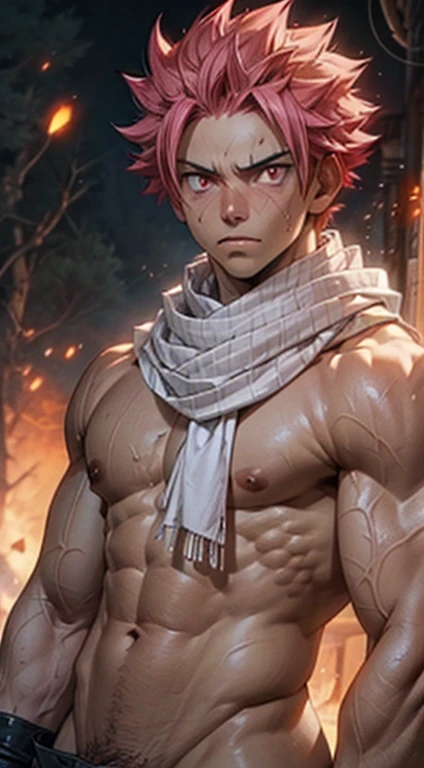 ((upper body)) masterpiece, best quality red eyes, game cg, 2boys adult men, (naked:1.2) rugged adult face, duo, male focus, looking at viewer, upper body, Natsu Dragneel natsu_dragneel, pink hair, red eyes, (shirtless naked), toned muscle, pectorals, 8 abs, toned legs, naked, slightly bulged, (large fire:1.5) and ember (particle effects:1.2), detailed, dynamic lighting, well lit, (fire on skin:1.2), (skin burning:1.2), (eyes on fire:1.2), (penis and scrotum), ((view from far distance)) ((((white ))scarf))