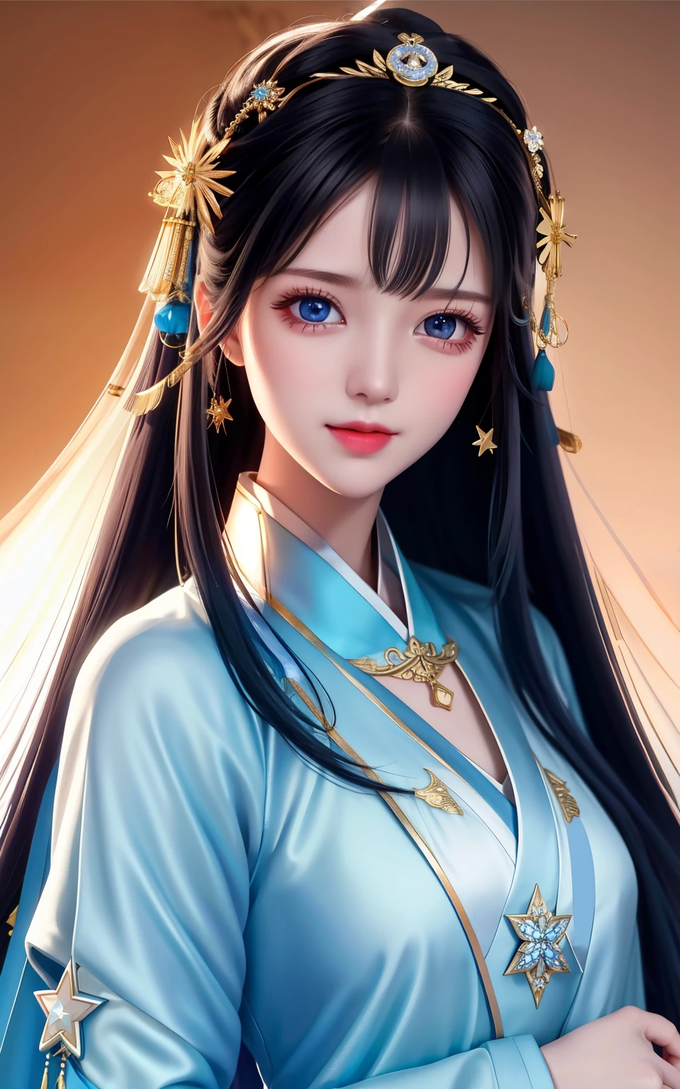 Best quality at best, tmasterpiece, A high resolution, 1 girl,face flushed,(Vibrant smile:0.8),star blue pupils,china hanfu,hair adornments,choker necklace, jewely,Nice face,more than_body, a beautiful woman with long, shiny black hair, Decorated with headdress. her clear, Because she was wearing a white silk one-piece dress and suit，She stood tall，Stare ahead with shining eyes. on her left hand, She holds a long sword, Relying on her Tyndall effect,realistically, dark studio, edge lit, two color lights,(highdetailskin:1.2), 8k ultra high definition, SLR camera, gentlesoftlighting, high high quality, Volumetriclighting, Frankness, photore, A high resolution, 4K, 8K
