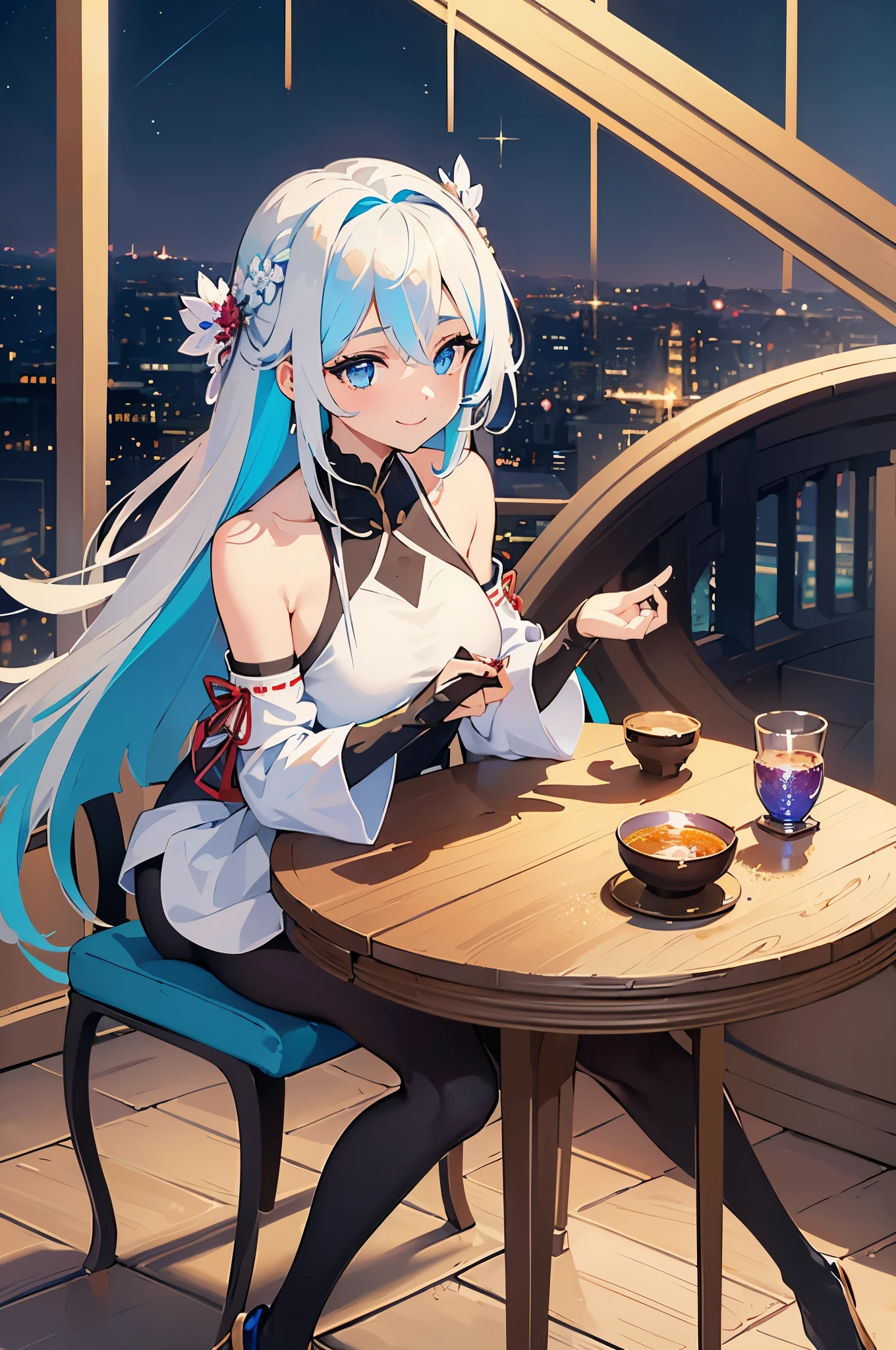 (Masterpiece), (Best Quality), (Super Detailed), (Dirty Hair), (Illustration), (1 Girl) (Long white Hair 1.5) (Blue Eyes), ((((No Shoulders))),Hanfu, (Looking at the Audience, (Interview), ( Background), Beautiful and Delicate Eyes, Delicate Beautiful Face, Soaring (High Saturation), (Colorful Glitter), Multi-colored Bubbles, (Glitter), Accent on Face, PerfectNwsjMajic, Shoulderless, fall clothes, facing the masses, perfect figure, happy, warm smile, full body, tights, tea, table, house