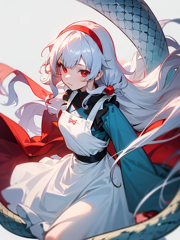 ((Best Quality)), ((masutepiece)), 1girl in,Detailed details,white curly hair,Very long hair,bangss,Red eyes,ability,Light blue dress,white apron fierce,Snake hair