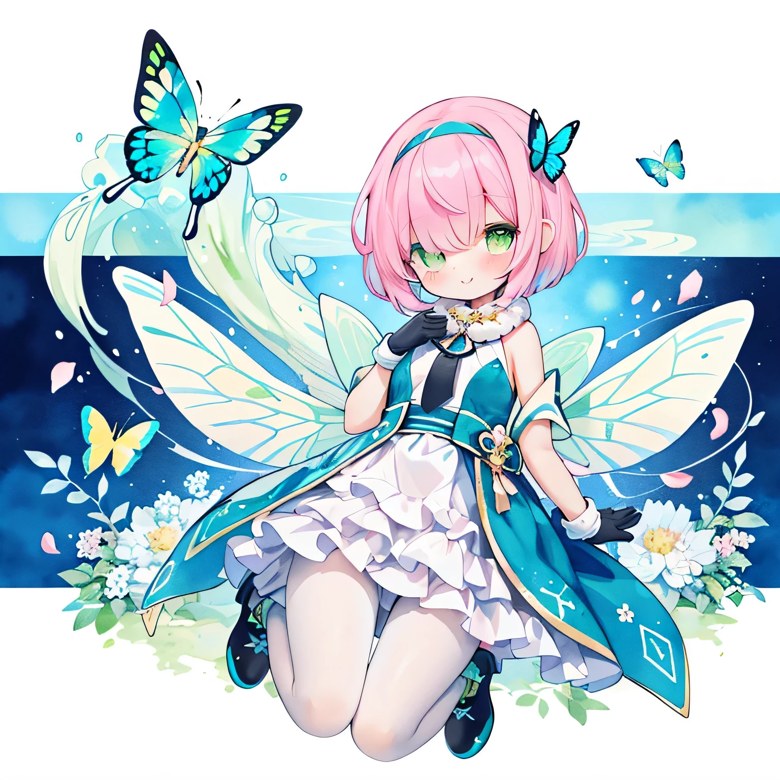 Chibi Girl:1.aster color:1.3)、(Cute illustration:1.3)、(watercolor paiting:1.1)、hologram star ocean background、jumpping、levitation、A smile、Aster Harmony Garden Sprite,((A pink-haired、a pixie cut、Green eyes、Close one eye and smile))、(Purple Headband:1.5)、(wrap a yellow scarf around your neck:1.8)、(Ultramarine long gloves:1.5)、((Wears oversized green butterfly wings。。。。:1.8))、
Playful ruffles and layers create a whimsical touch,
White lace-up boots with a ribbon tie that cinches the waist to create a beautiful silhouette..、White tights:1.8),
Moist makeup with pastel eyeshadow,
Add glitter and petal accents to the cheeks,
、 ,Thick wool gown:0.6